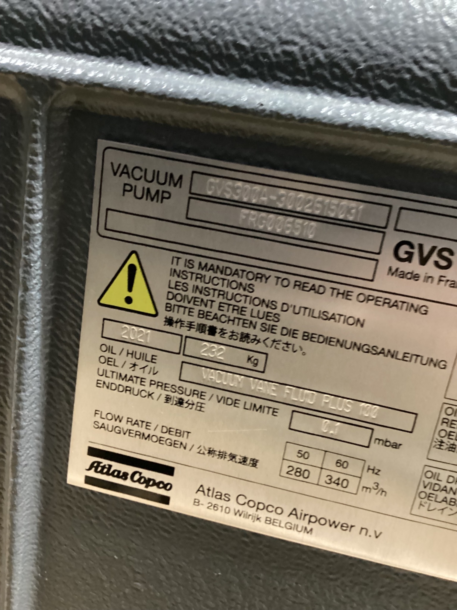 ATLAS COPCO GVS300A-3002615031 VACUUM PUMP WITH MOTOR USED, 2021 9