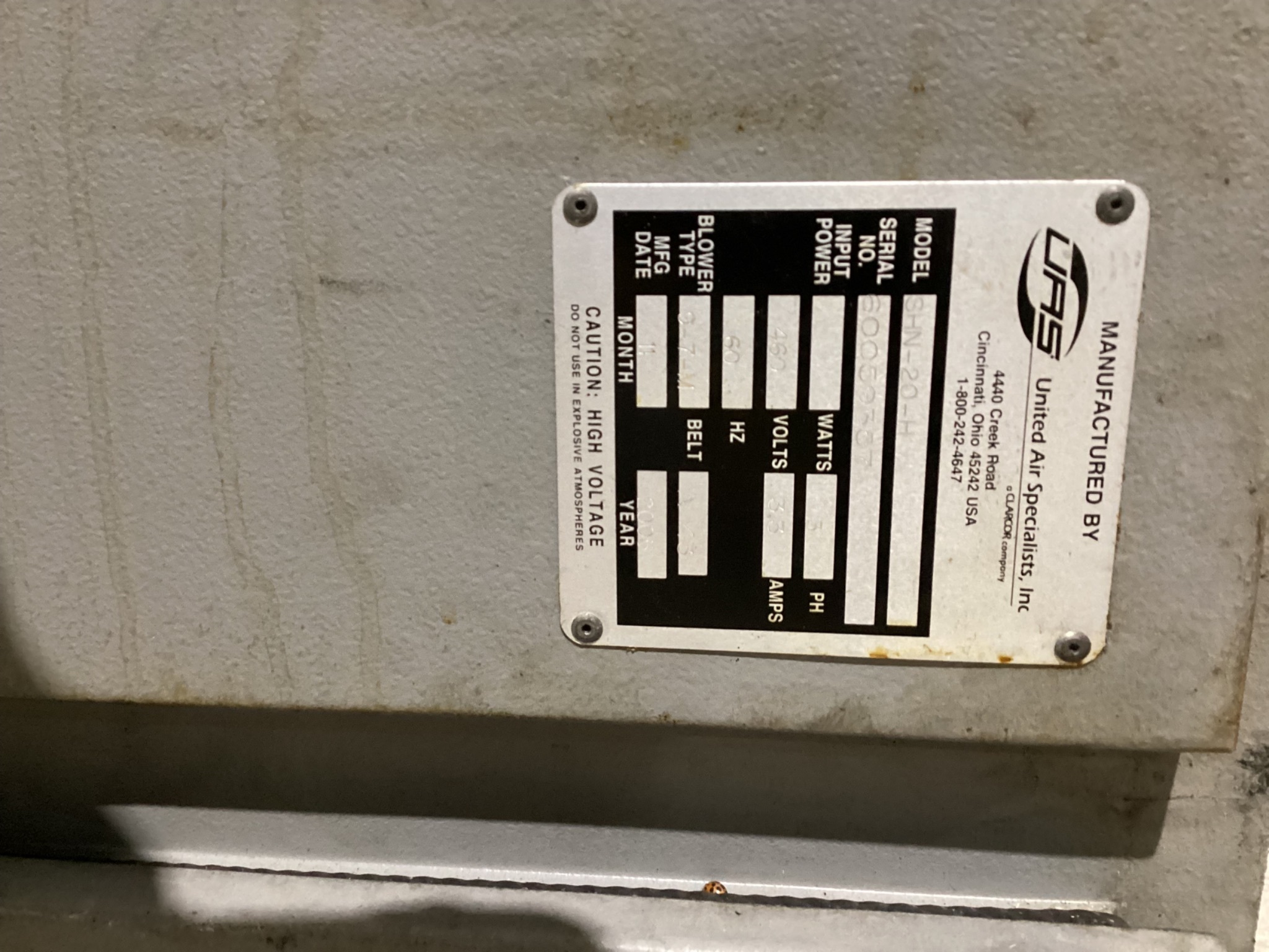 UNITED AIR SPECIALISTS SHN-20-H MIST COLLECTOR USED 7
