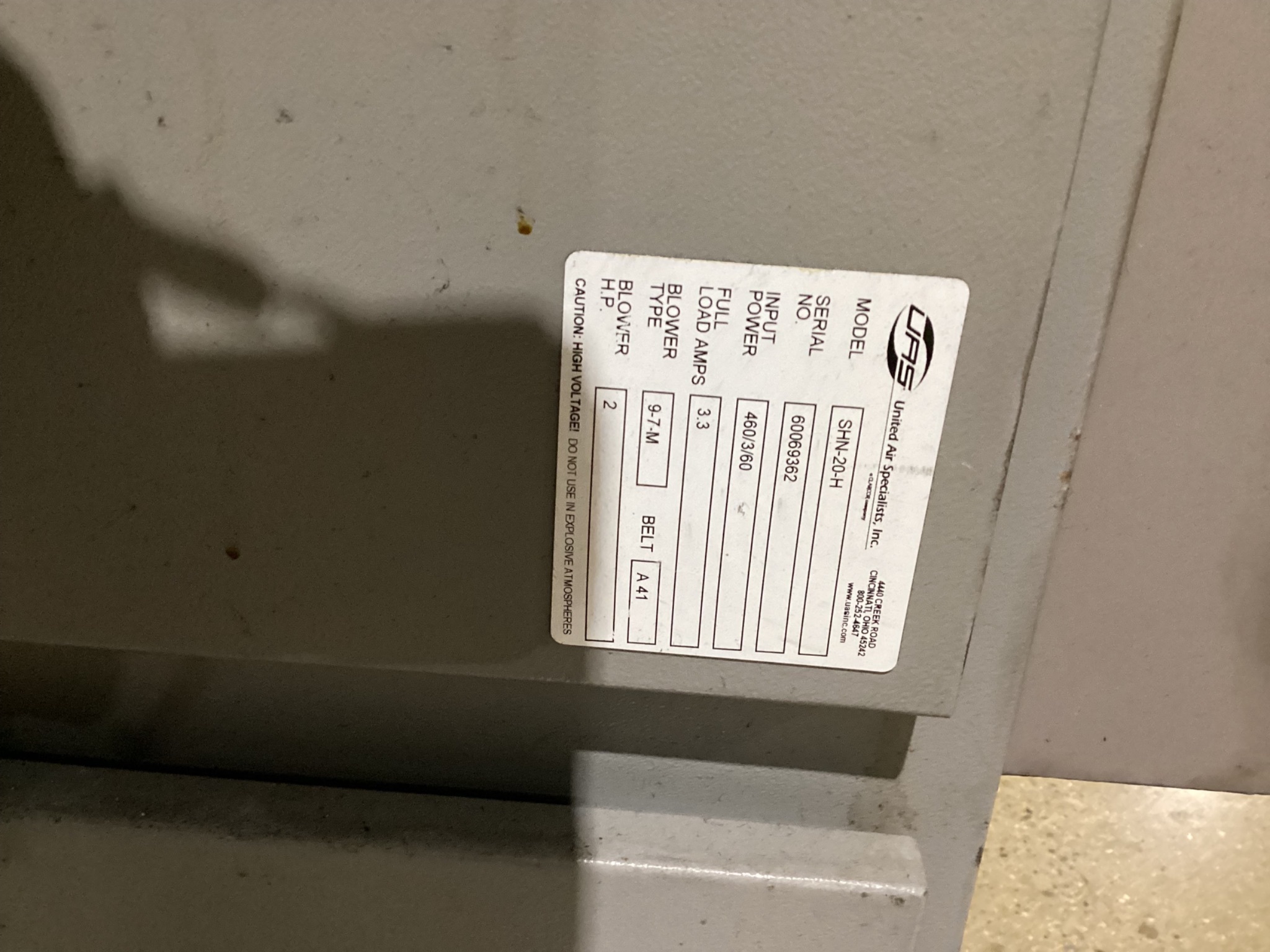 UNITED AIR SPECIALISTS SHN-20-H MIST COLLECTOR USED 10