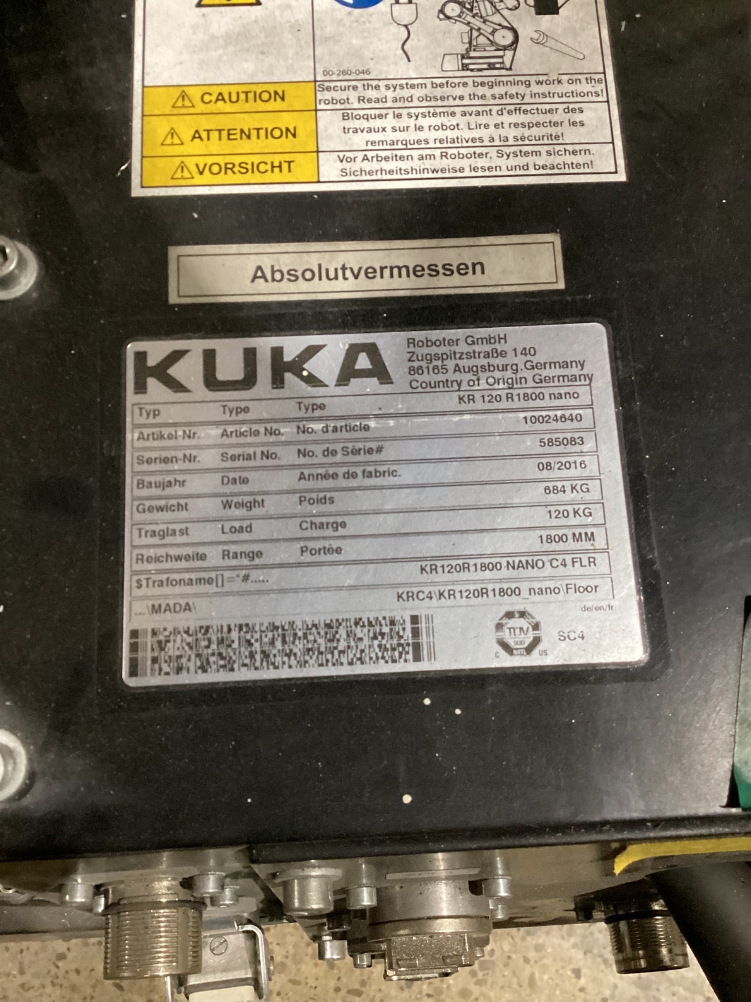 KUKA KR 120 R1800 nano Robot w/ KR C4 NA Controls, Missing Cable Set USED 11