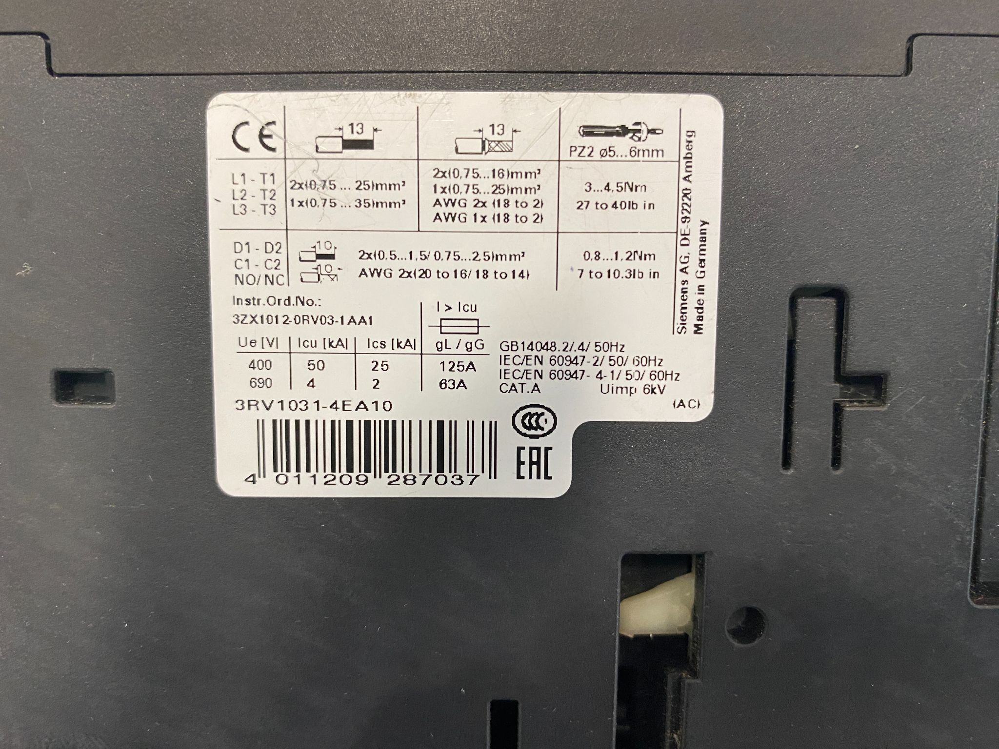 SIEMENS 3RV1031-4EA10 CIRCUIT BREAKER USED 2