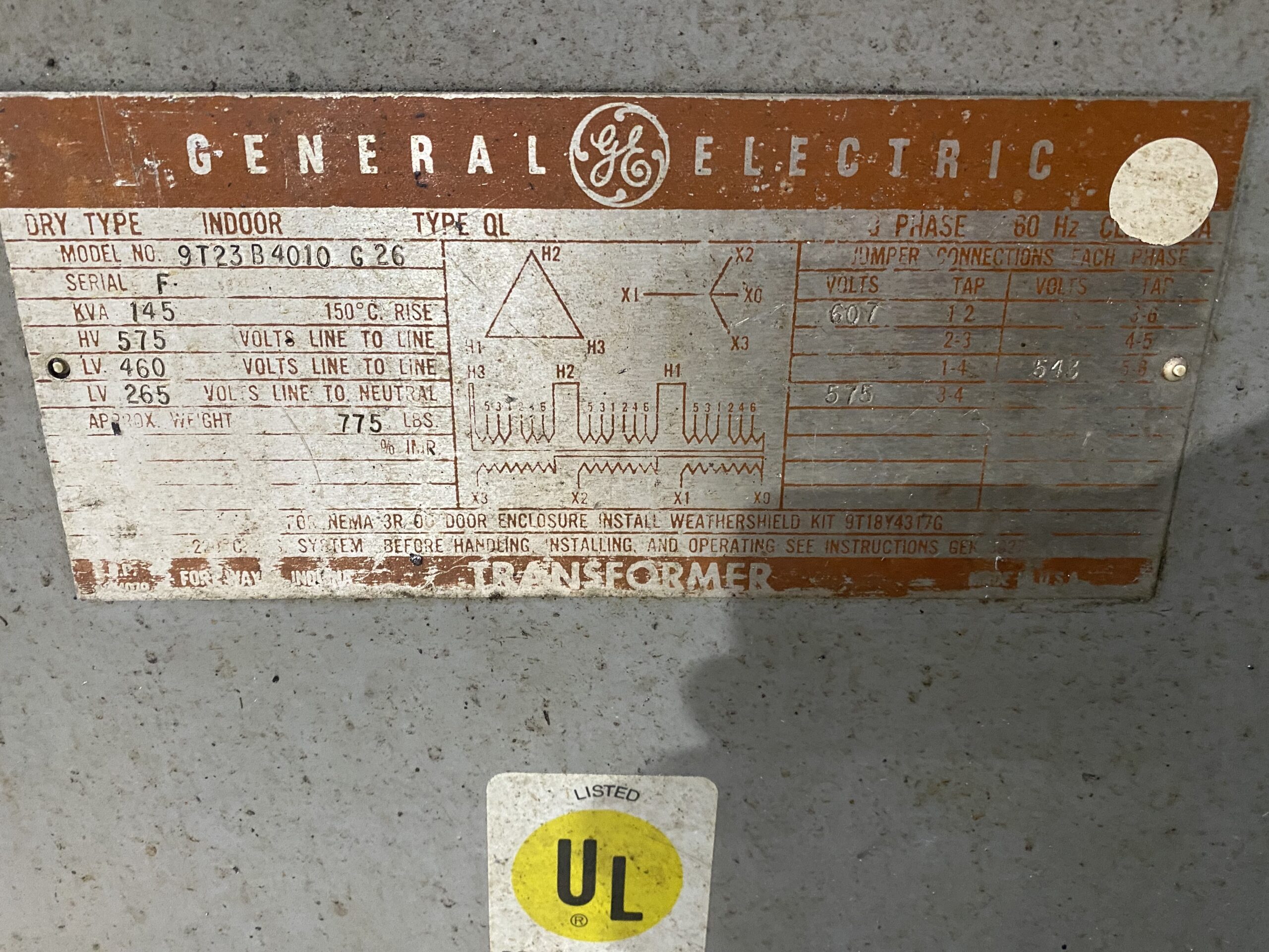 GENERAL ELECTRIC - 9T23B4010G26 Transformer 575V - 460V, 145kVA USED 1