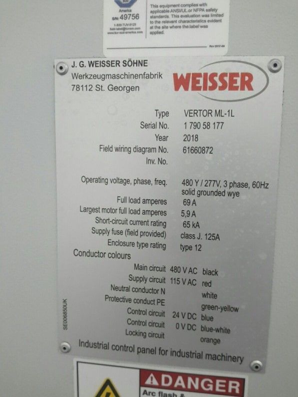 2018 WEISSER VERTOR ML-1L CNC VERTICAL LATHE USED 8