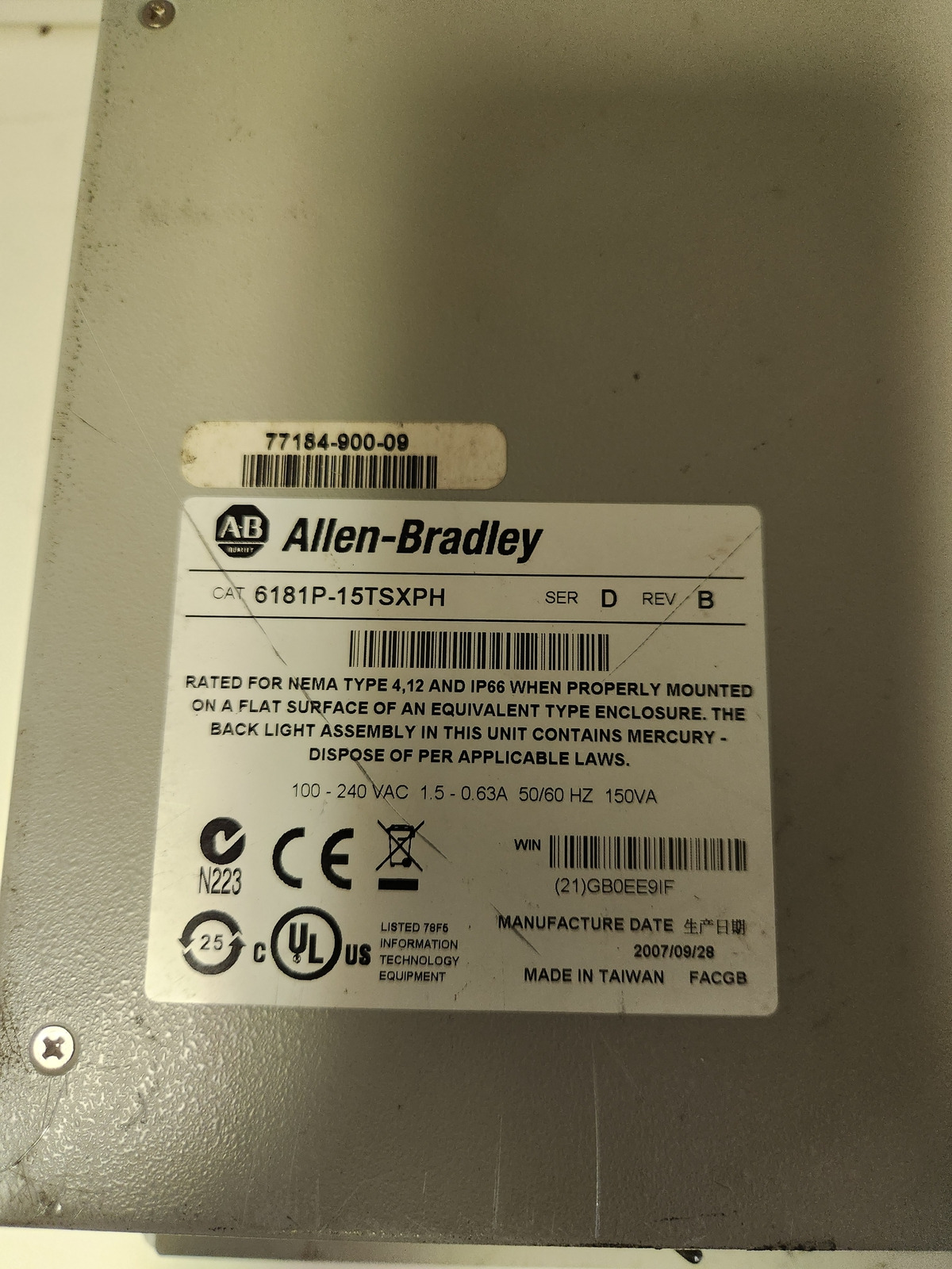 ALLEN BRADLEY VERSAVIEW 1500P 6181P-15TSXPH/D Rev B POWERS, NO SCREEN 2