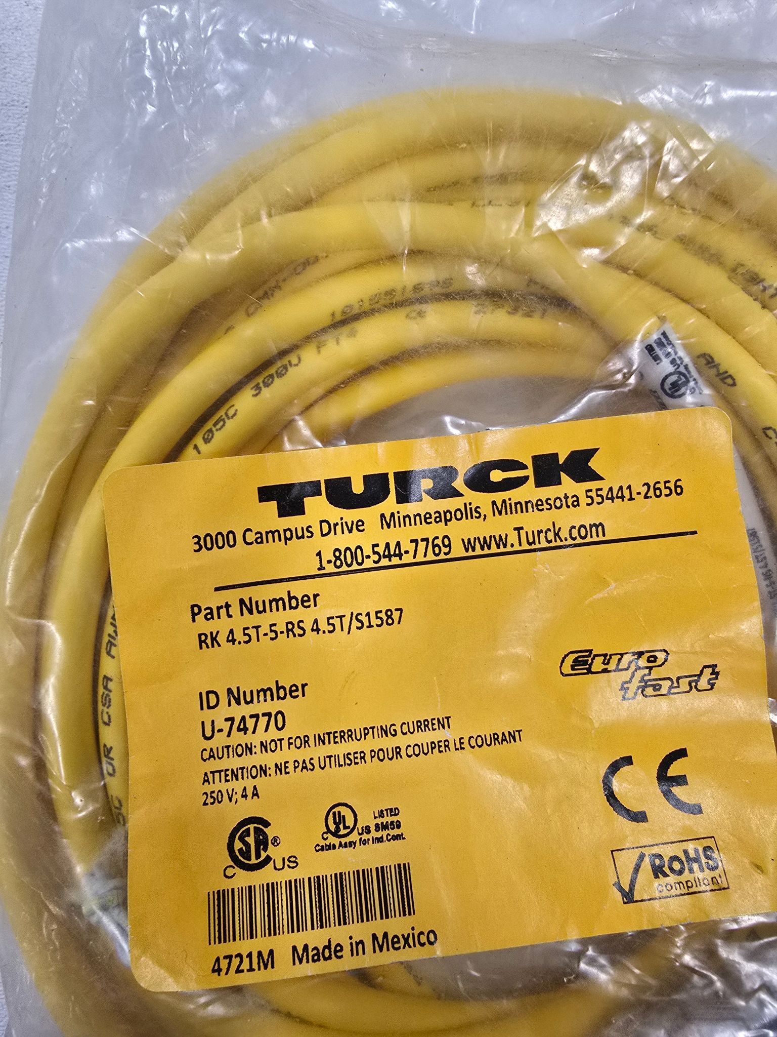 TURCK RK-4.5T-5-RS-4.5T-S1587 SENSOR CABLE NEW 1