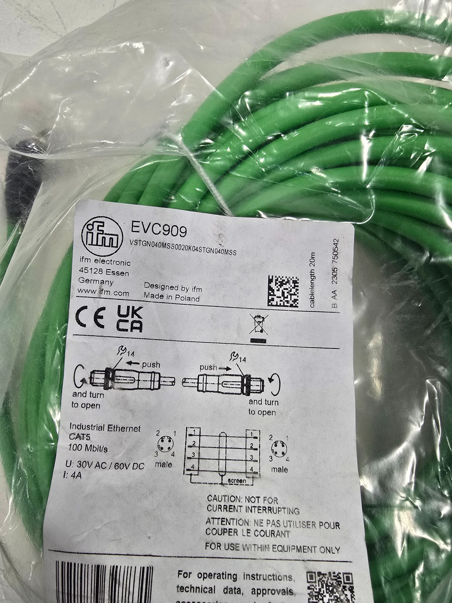 IFM EVC909 SENSOR CABLE NEW 1