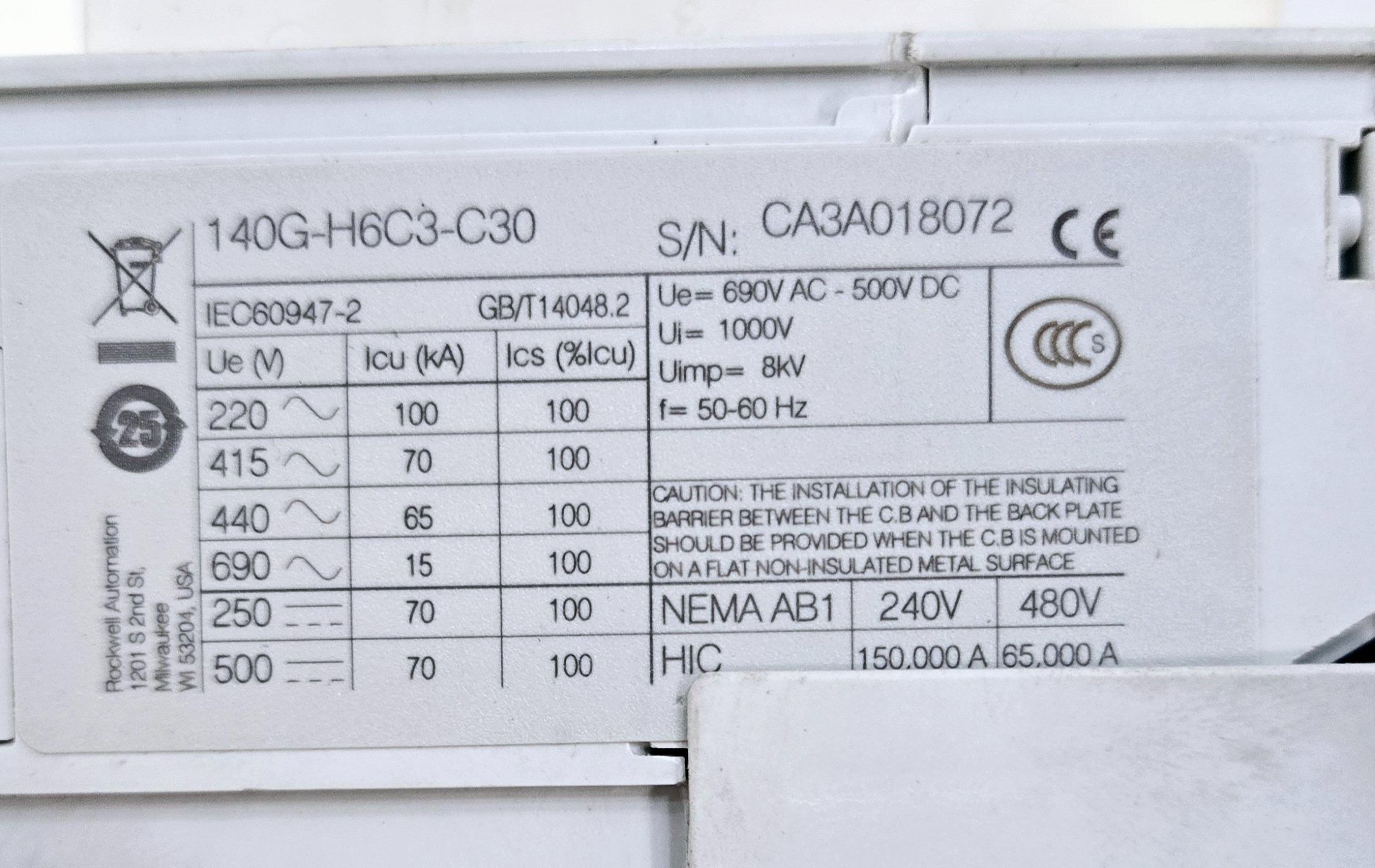 ALLEN BRADLEY 140G-H6C3-C30/140G-H-RMX/140G-N7/140U-PY DISCONNECT SWITCH USED 2