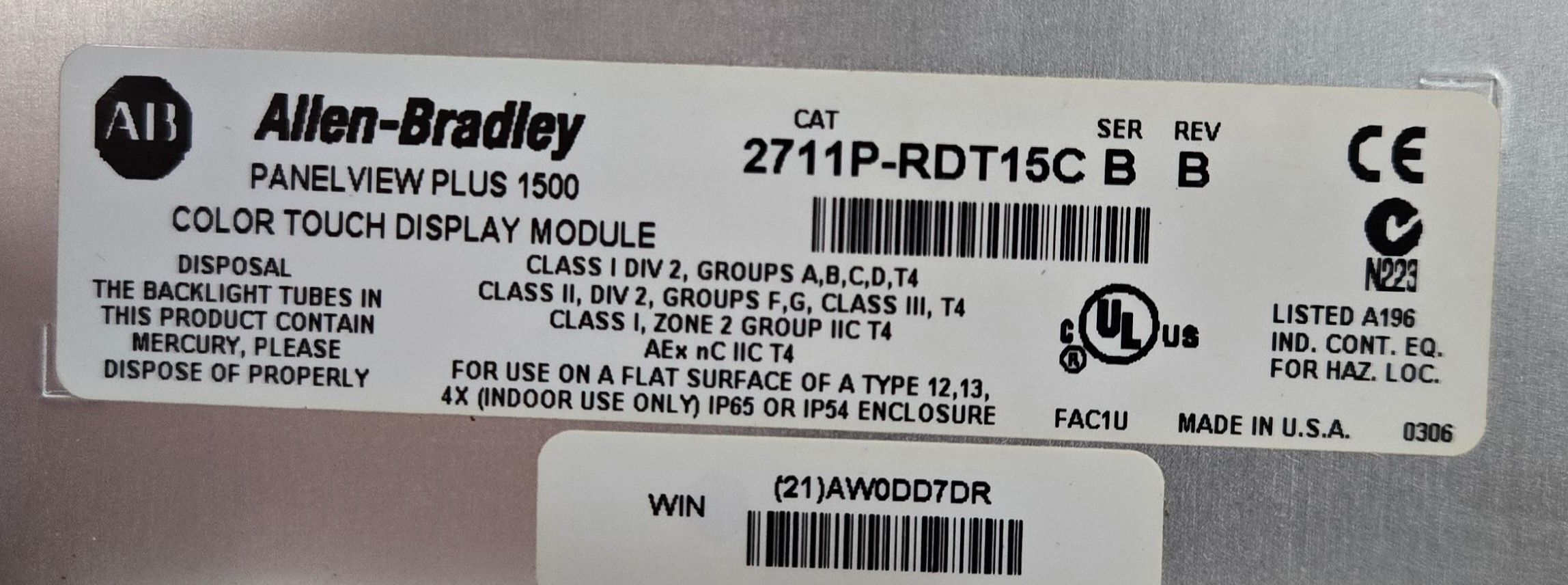 ALLEN BRADLEY 2711P-T15C4D2 SER A PANELVIEW PLUS 1500 USED 3