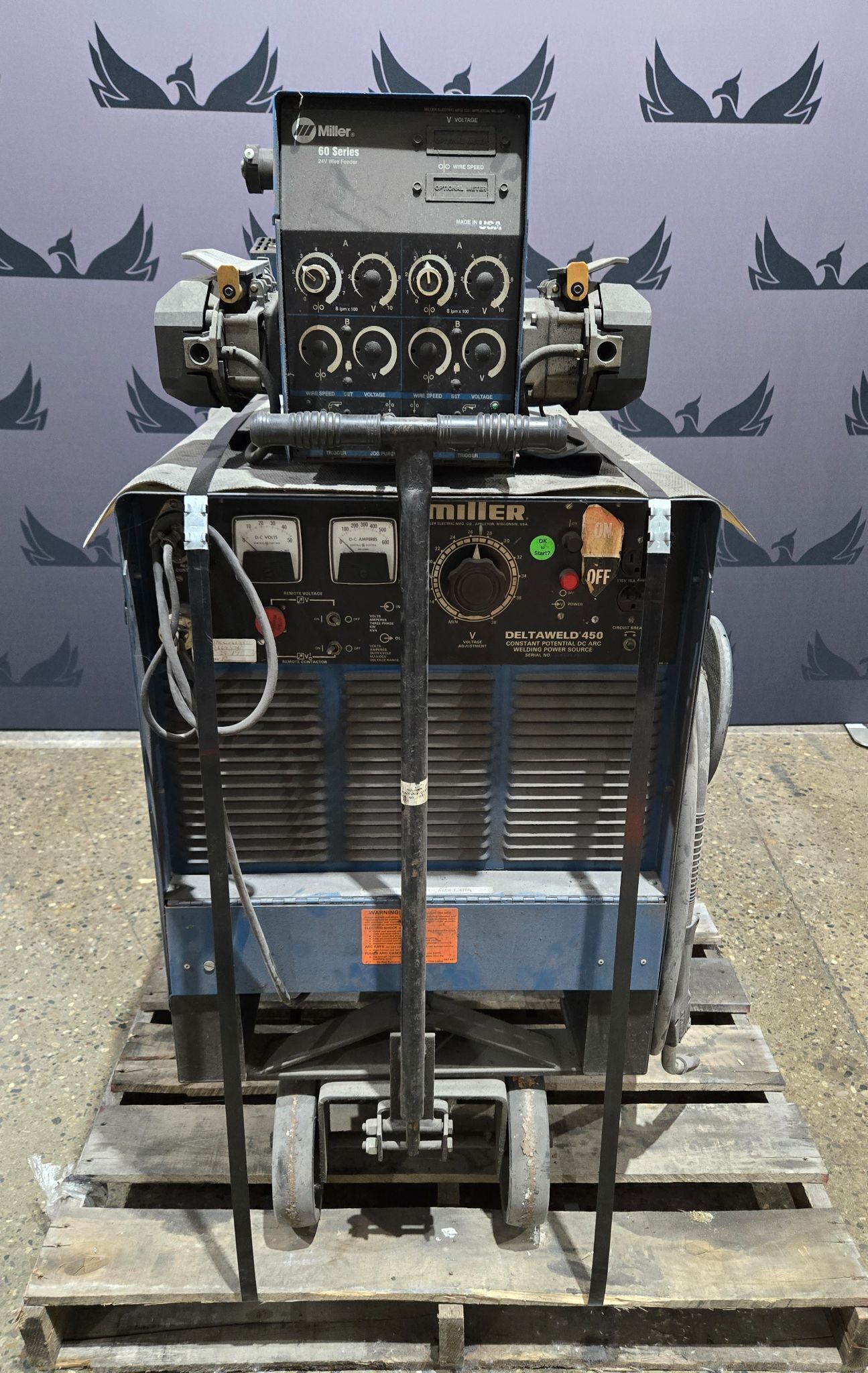 MILLER DELTAWELD 450 ARC WELDER WITH WIRE FEEDER AND CART USED 0