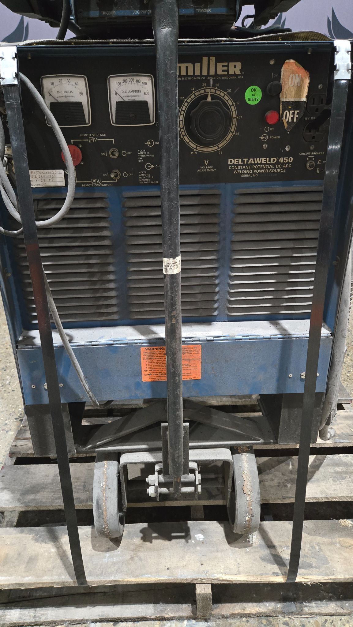 MILLER DELTAWELD 450 ARC WELDER WITH WIRE FEEDER AND CART USED 2