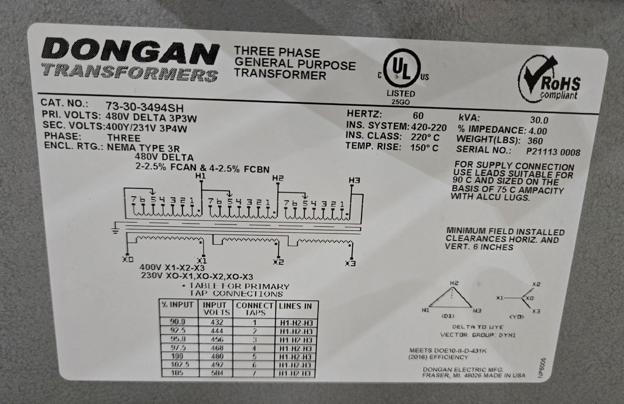DONGAN 73-30-34945H 480V 30KVA Transformer USED 3