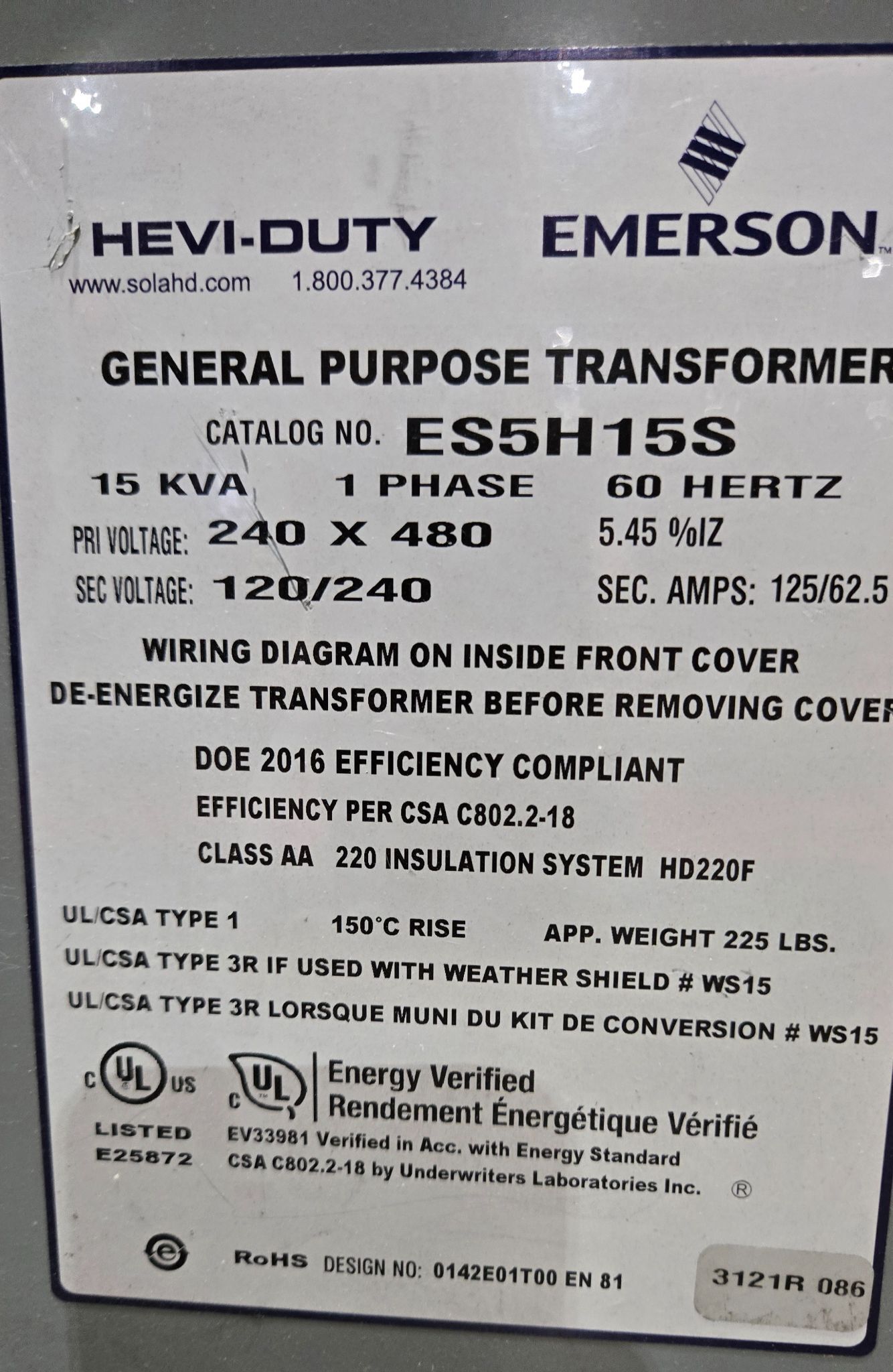 EMERSON ES5H15S 240X480V 15KVA TRANSFORMER USED 3