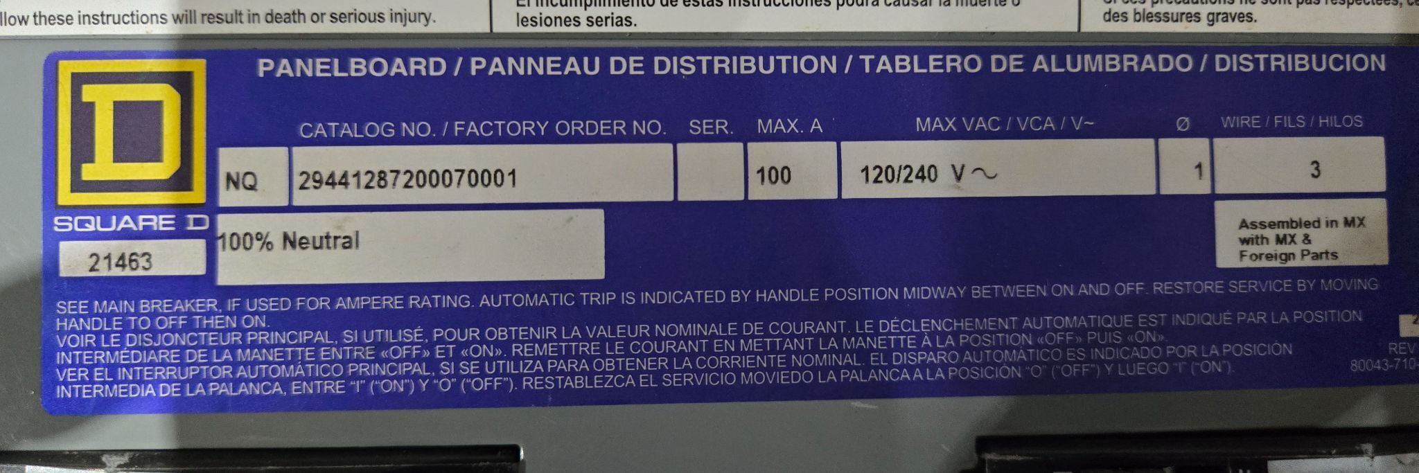 Square D 100A 30 Circuit NQ Panelboard 120/240V, 1PH, 3W 29441287200070001 USED 6