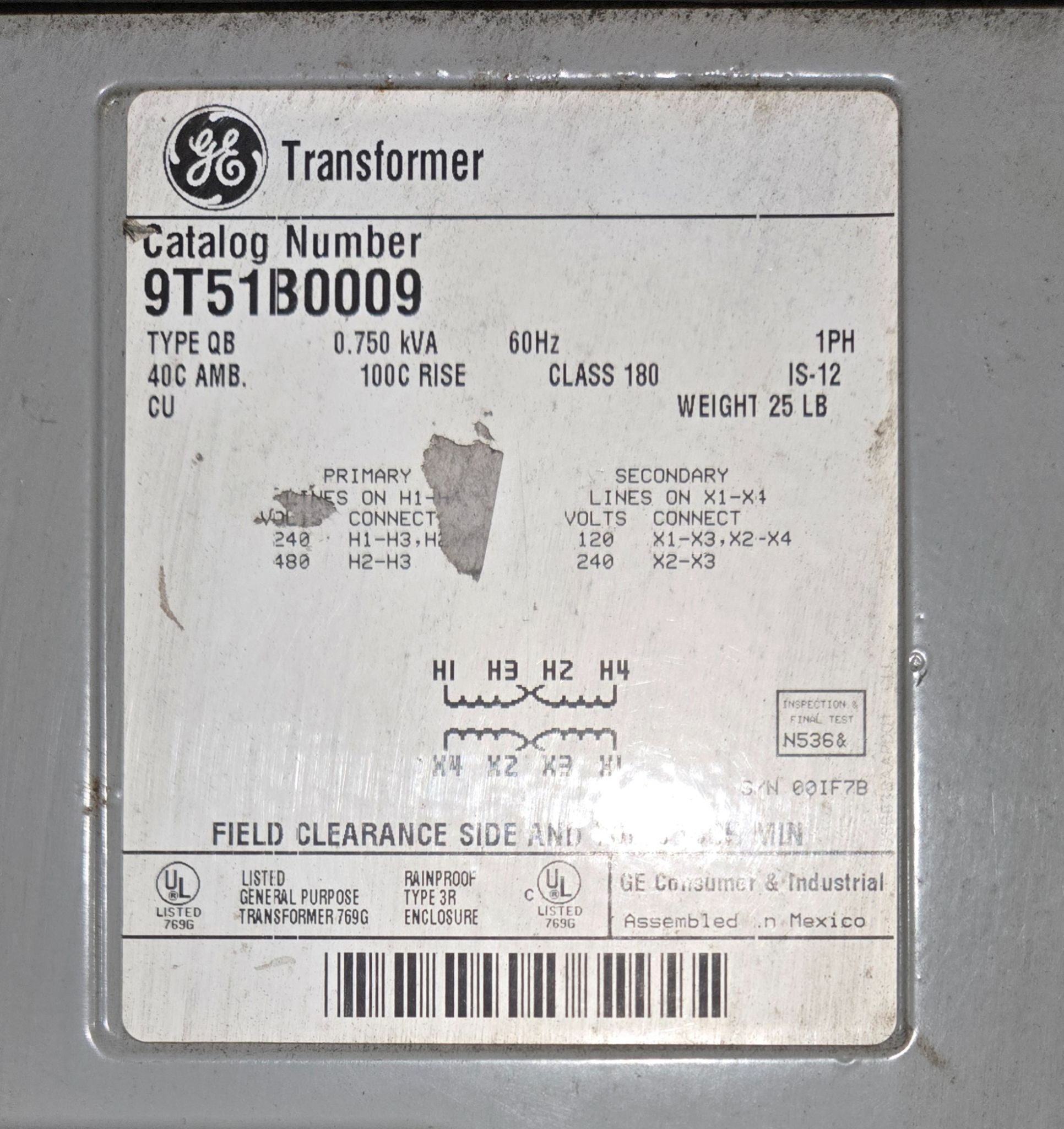 GE 9T51B0009 Transformer 240/480V - 120/240V, 1 PH, 3/4 kVa USED 2