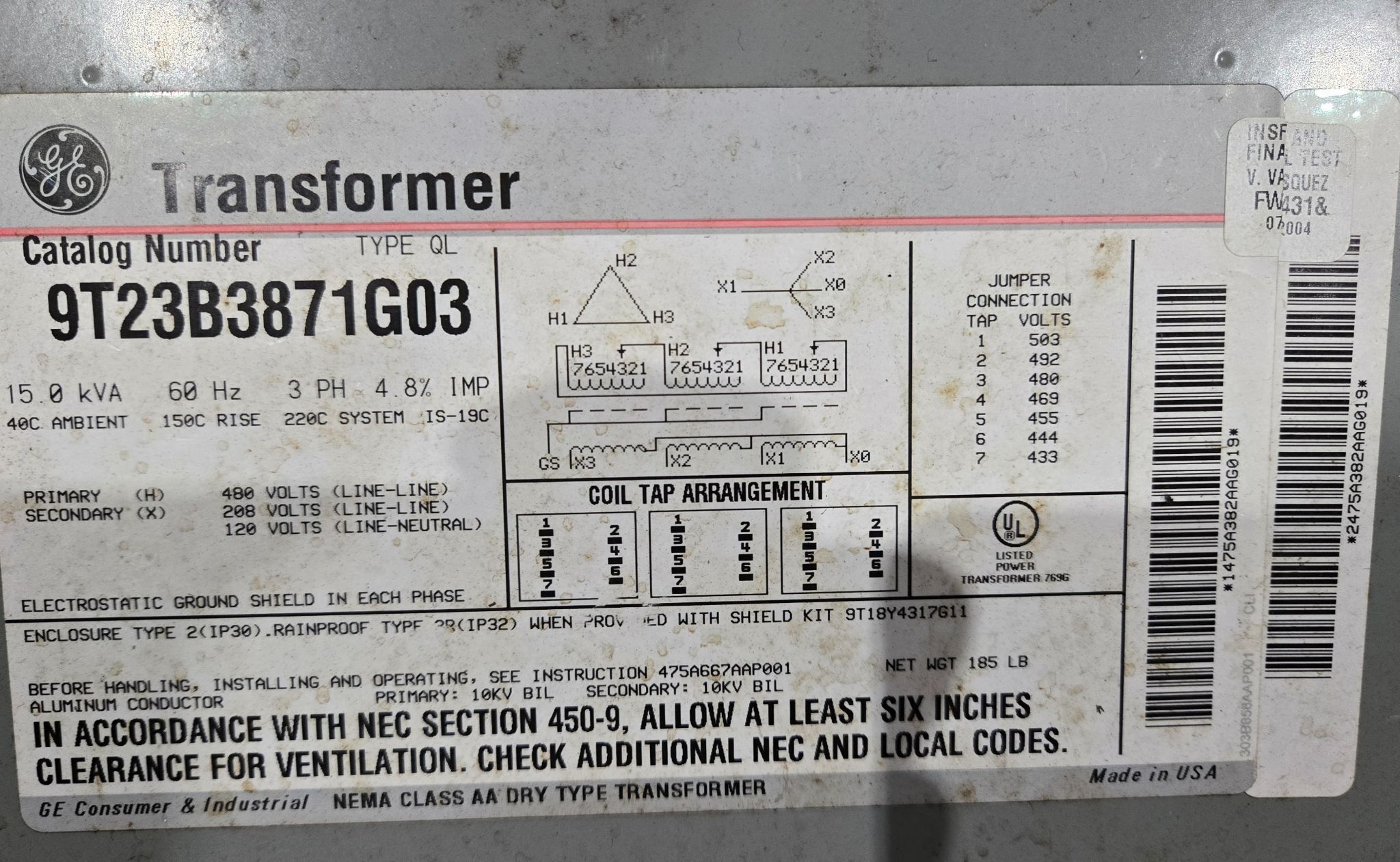 GENERAL ELECTRIC 9T23B3871G03 Transformer 480V - 208/120V, 15 kVa, 3PH USED 2