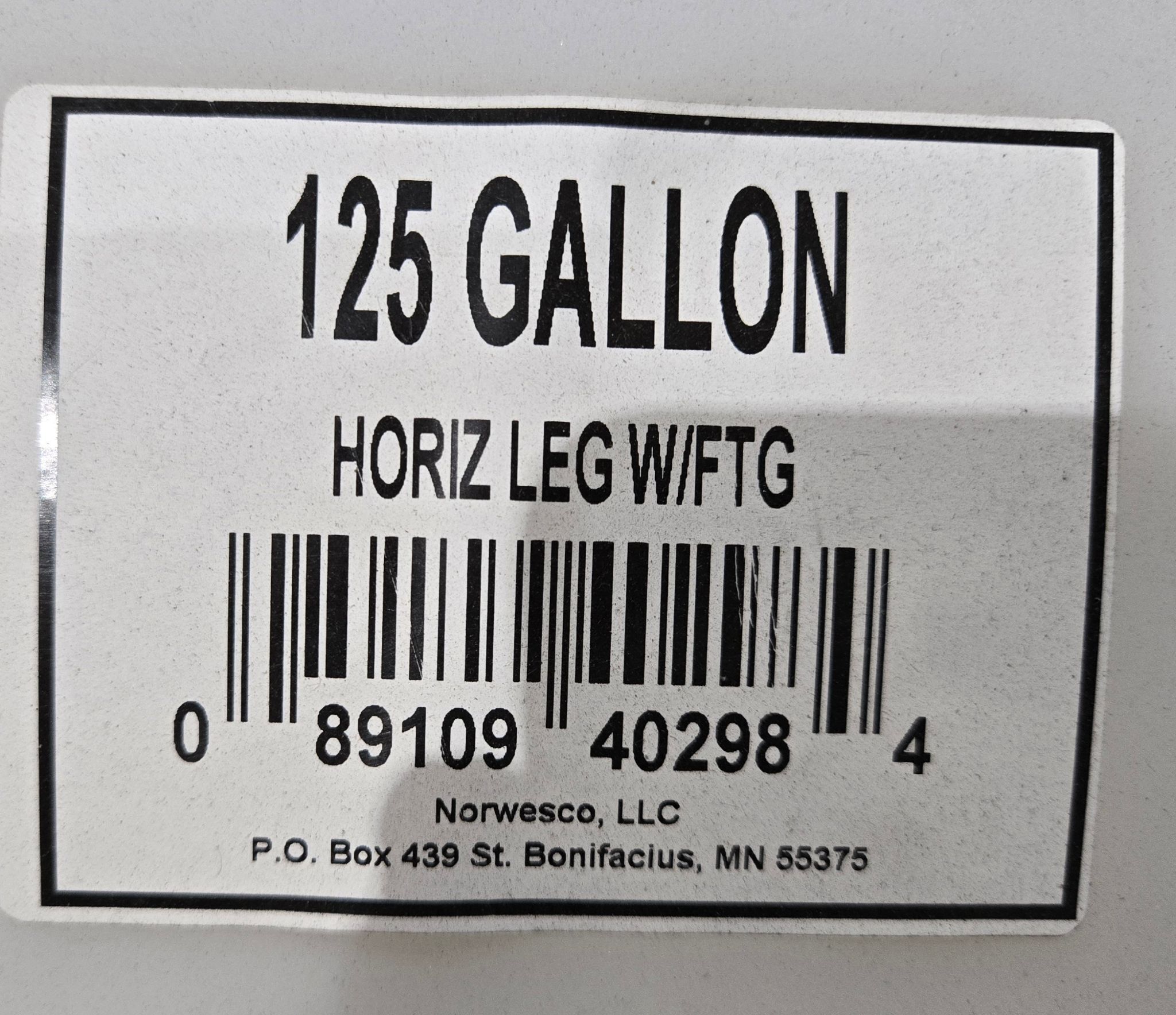 NORWESCO HORIZ LEG W/FTC 150 GALLON HORIZONTAL WHITE TANK USED 7