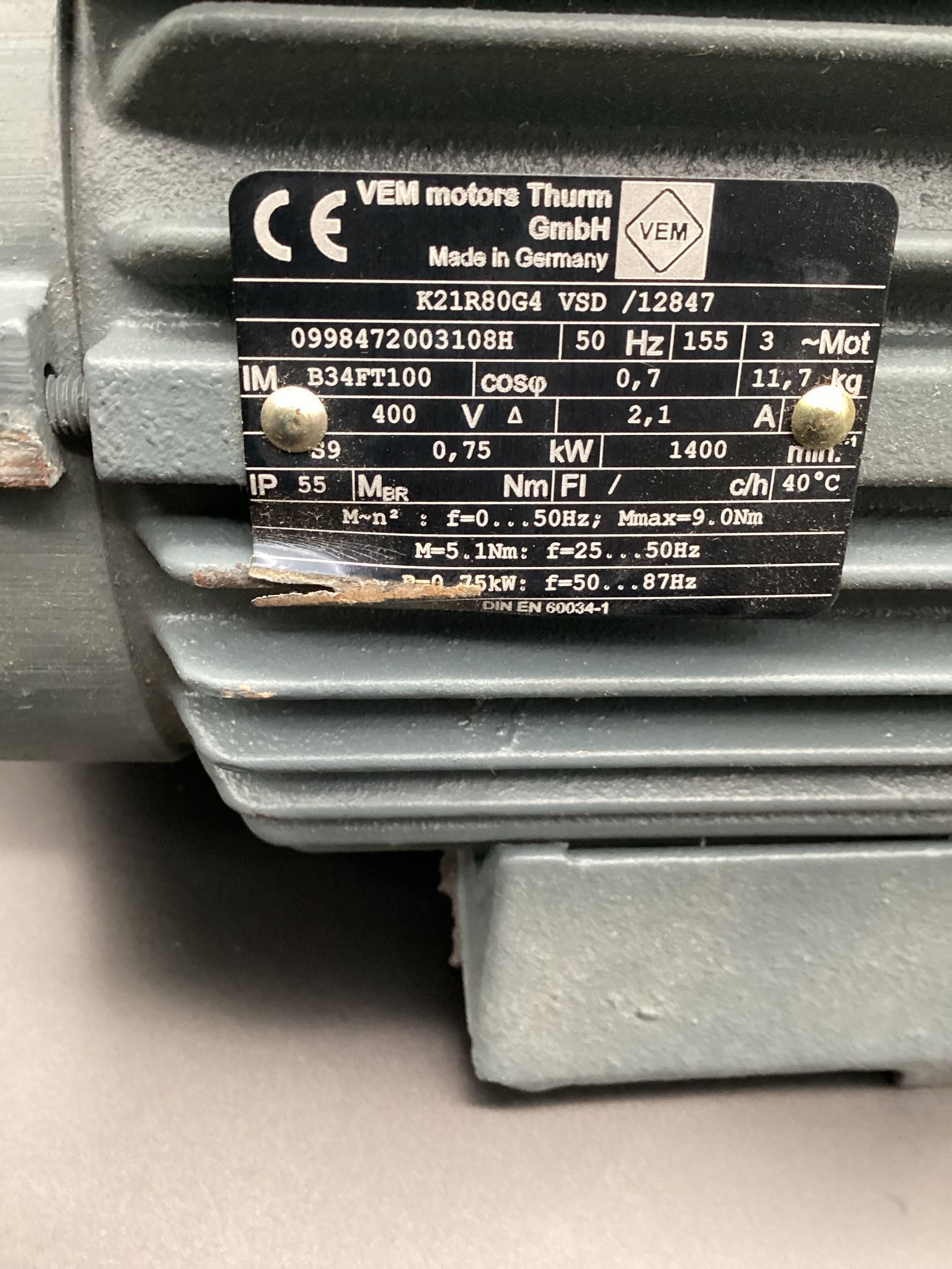 VEM K21R-80-G-4 2-Speed Motor USED 3