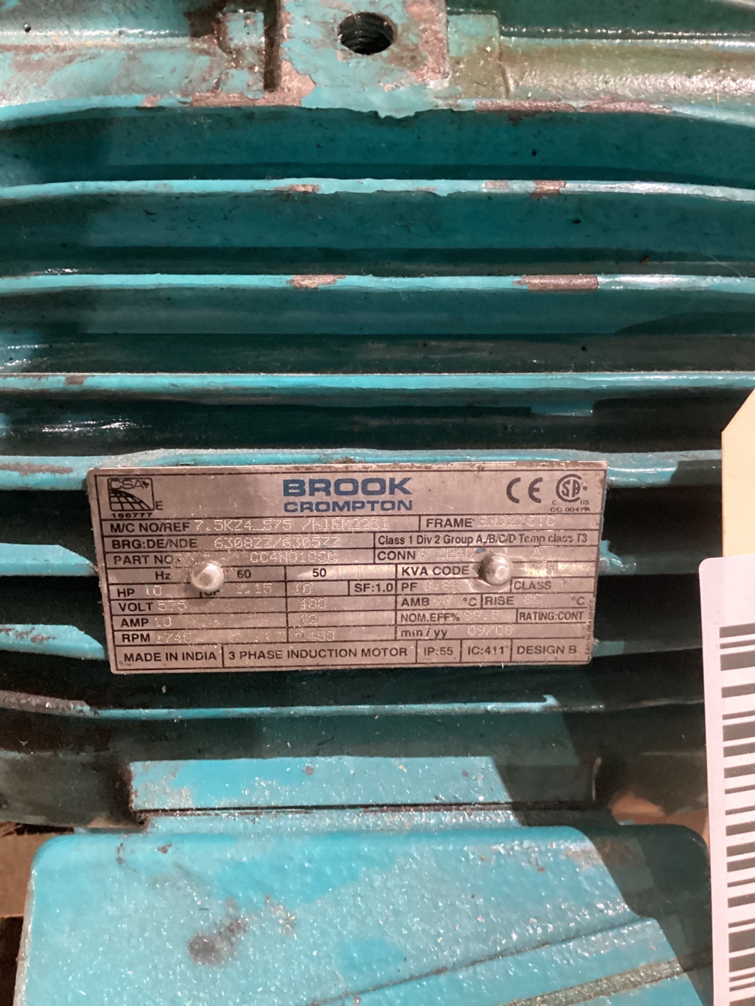 BROOK CROMPTON CC4N0105C 10HP MOTOR, 3PH, 1740 RPM USED 4