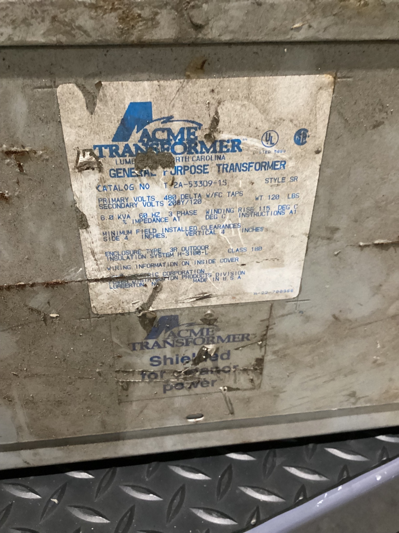 ACME T-2A-53309-1S Transformer 480V - 208Y/120V, 3PH, 6 kVa USED 5