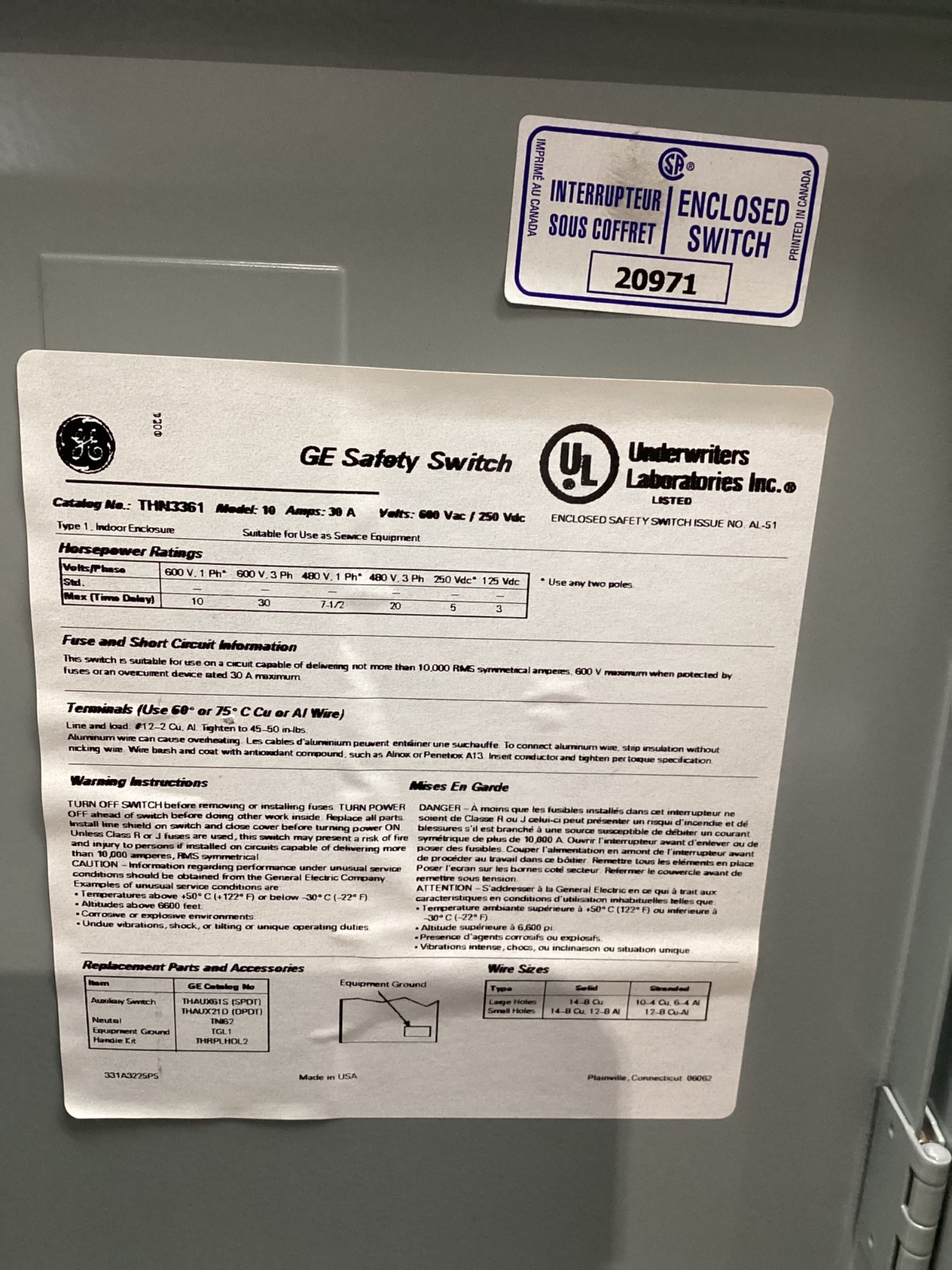 GENERAL ELECTRIC THN3361 General Purpose Safety Switch 30A, 600 VAC USED 5