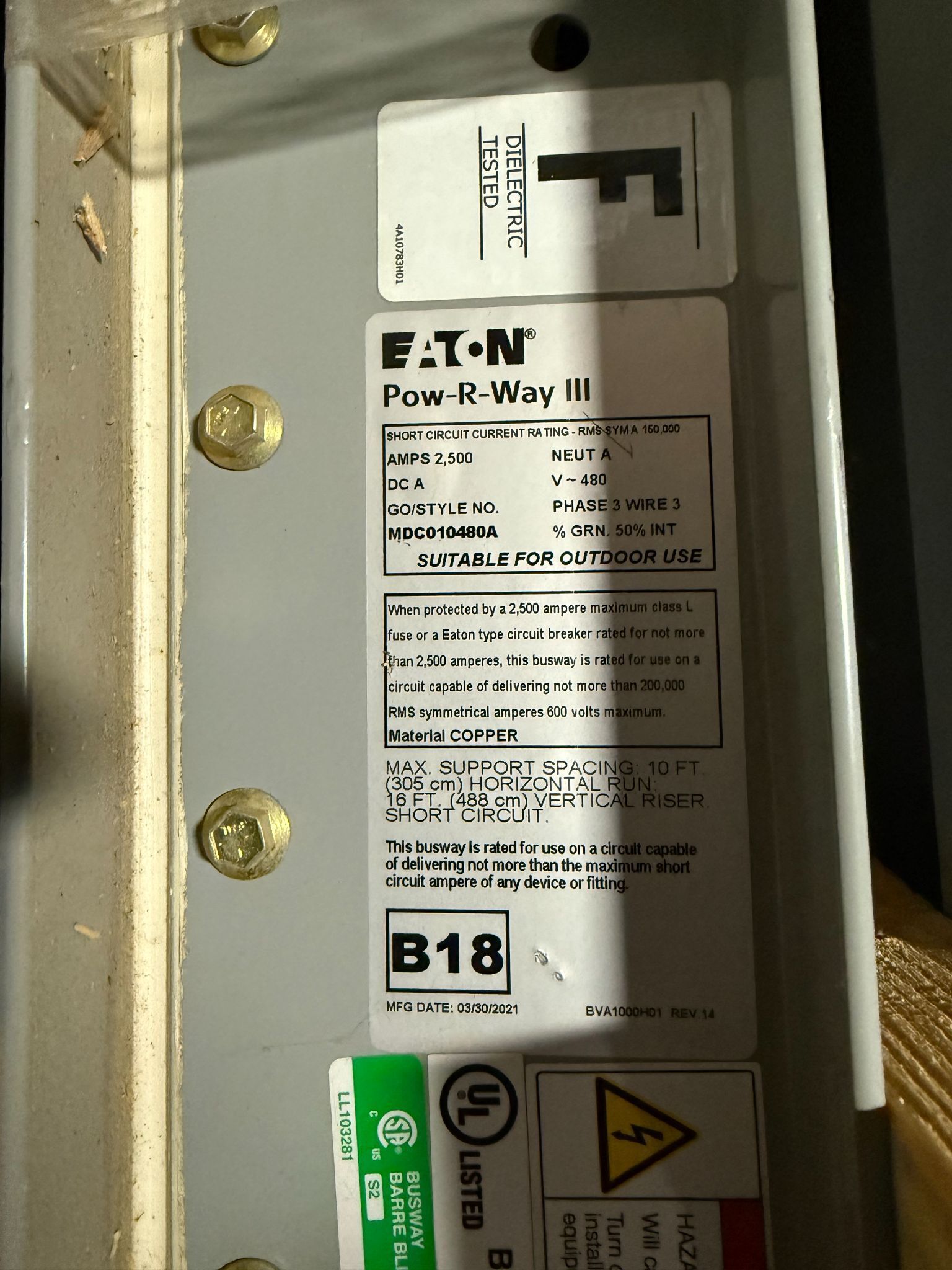 EATON 2500A POW-R-WAY III 10' Copper Straight Length 480V, 3PH, 3G NEW 6