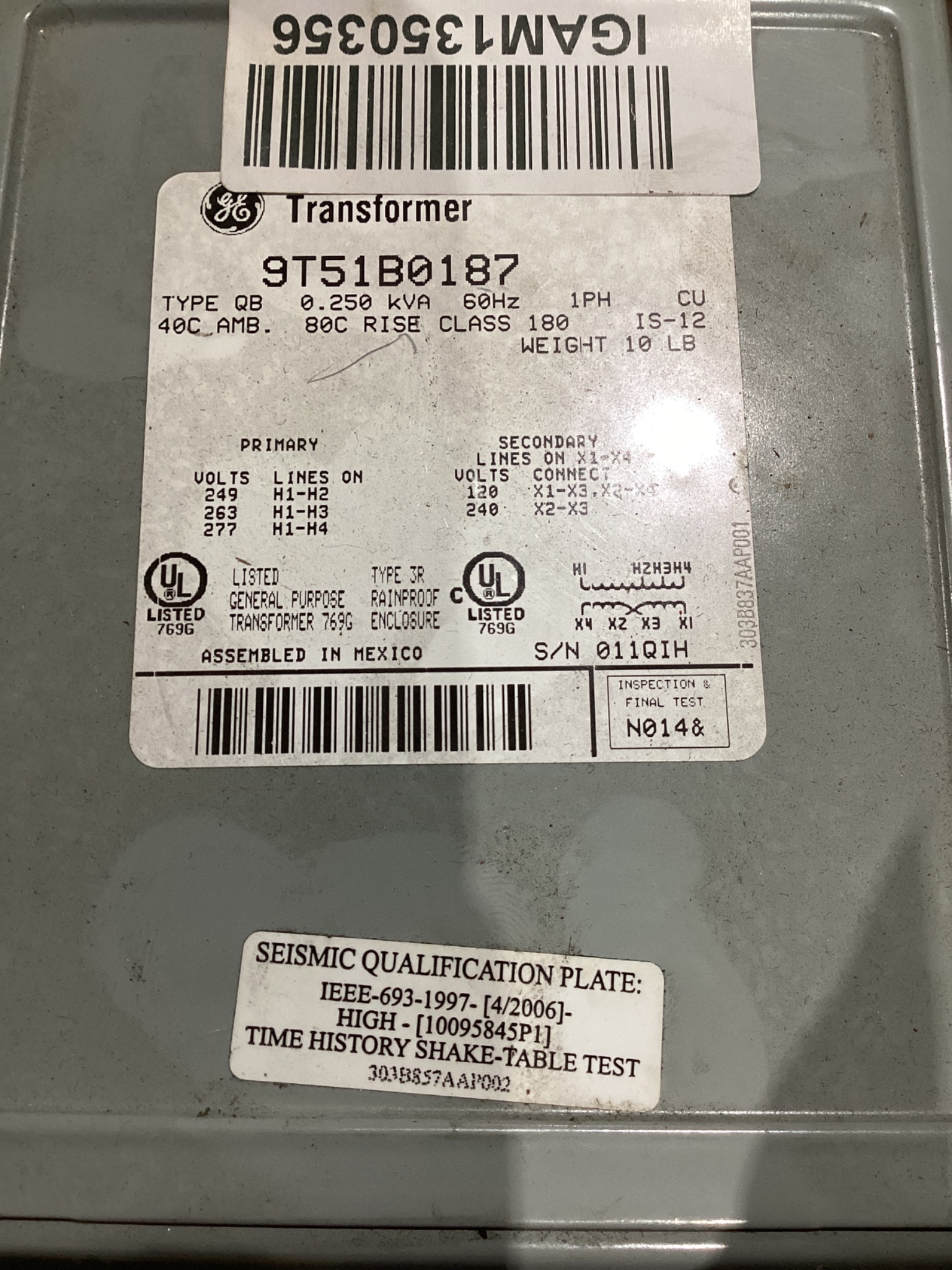 GENERAL ELECTRIC 9T51B0187 Transformer 277V - 120/240V, 1/4 kVa, 1PH USED 5