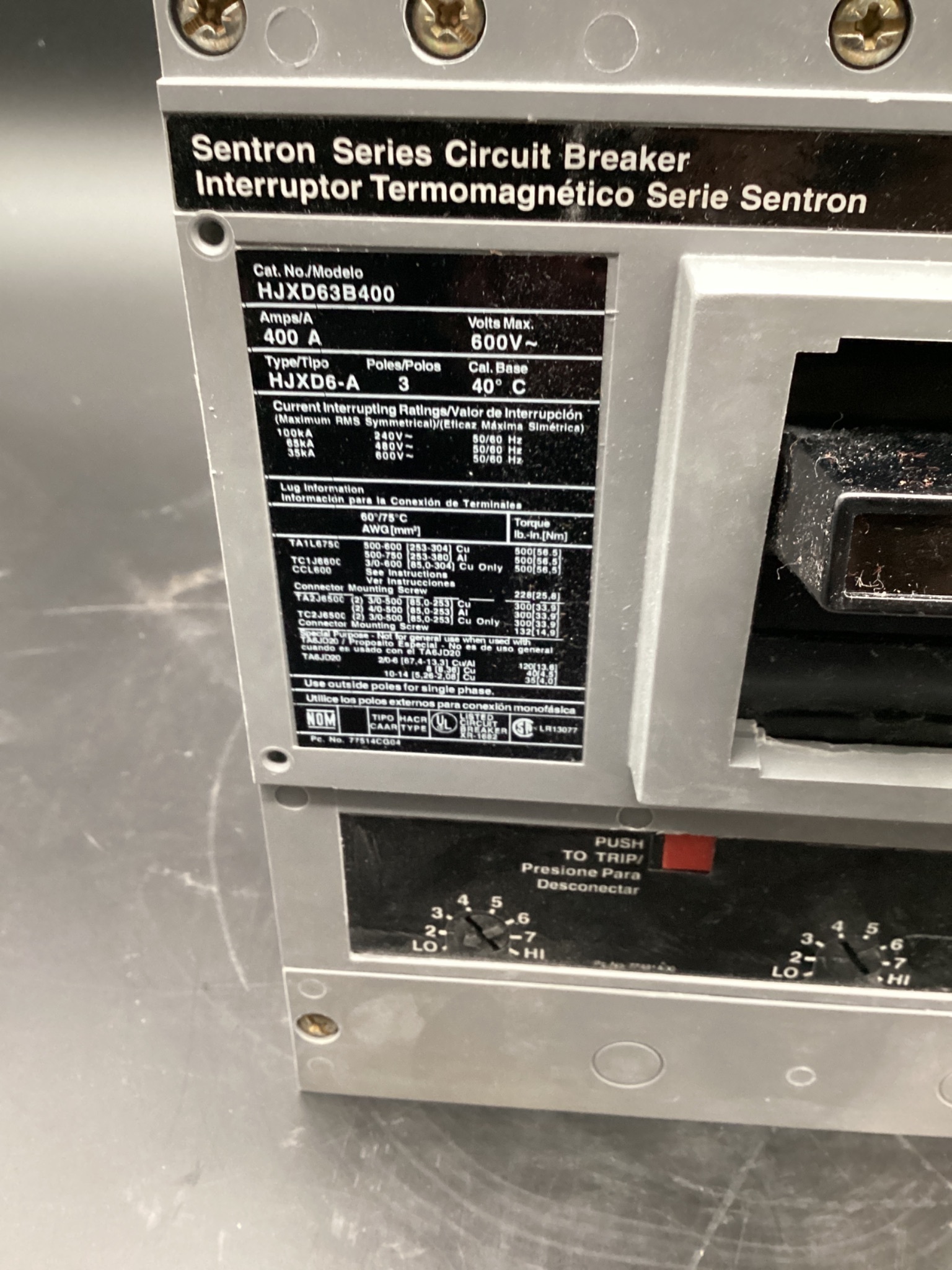 SIEMENS HJXD63B400 600V CIRCUIT BREAKER 400A, 3 Pole USED 2