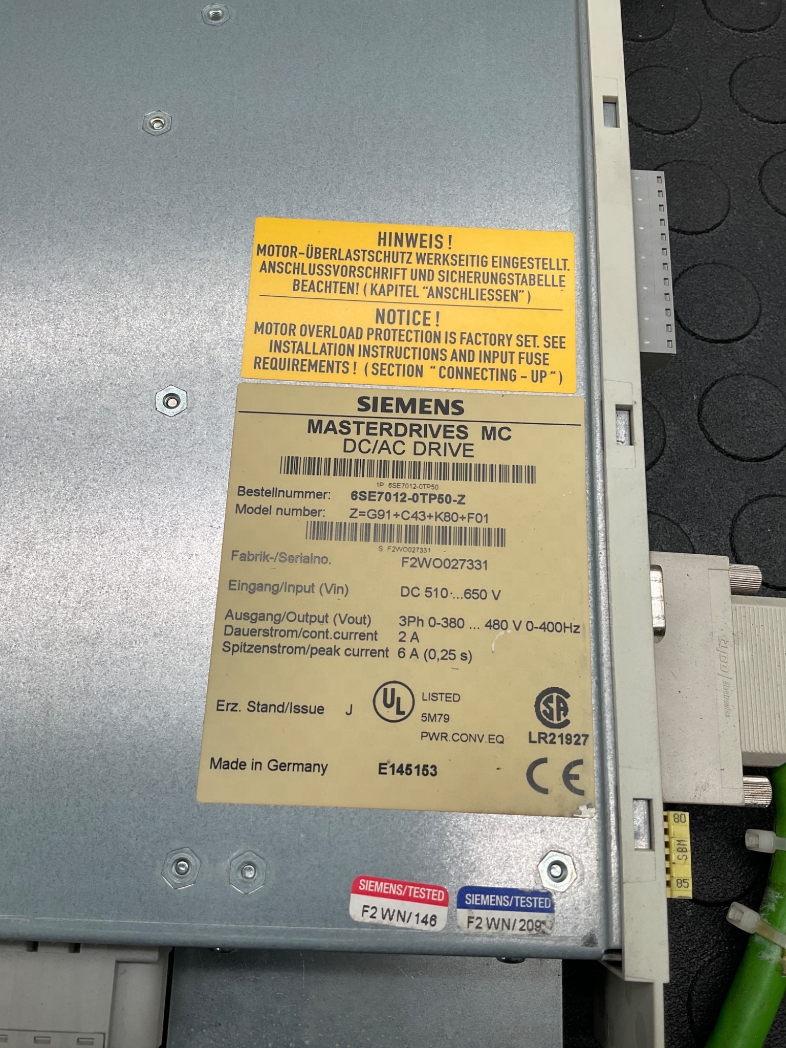 SIEMENS 6SE7012-0TP50-Z Masterdrives MC DC/AC Drive 650V 3Ph 2A USED 3