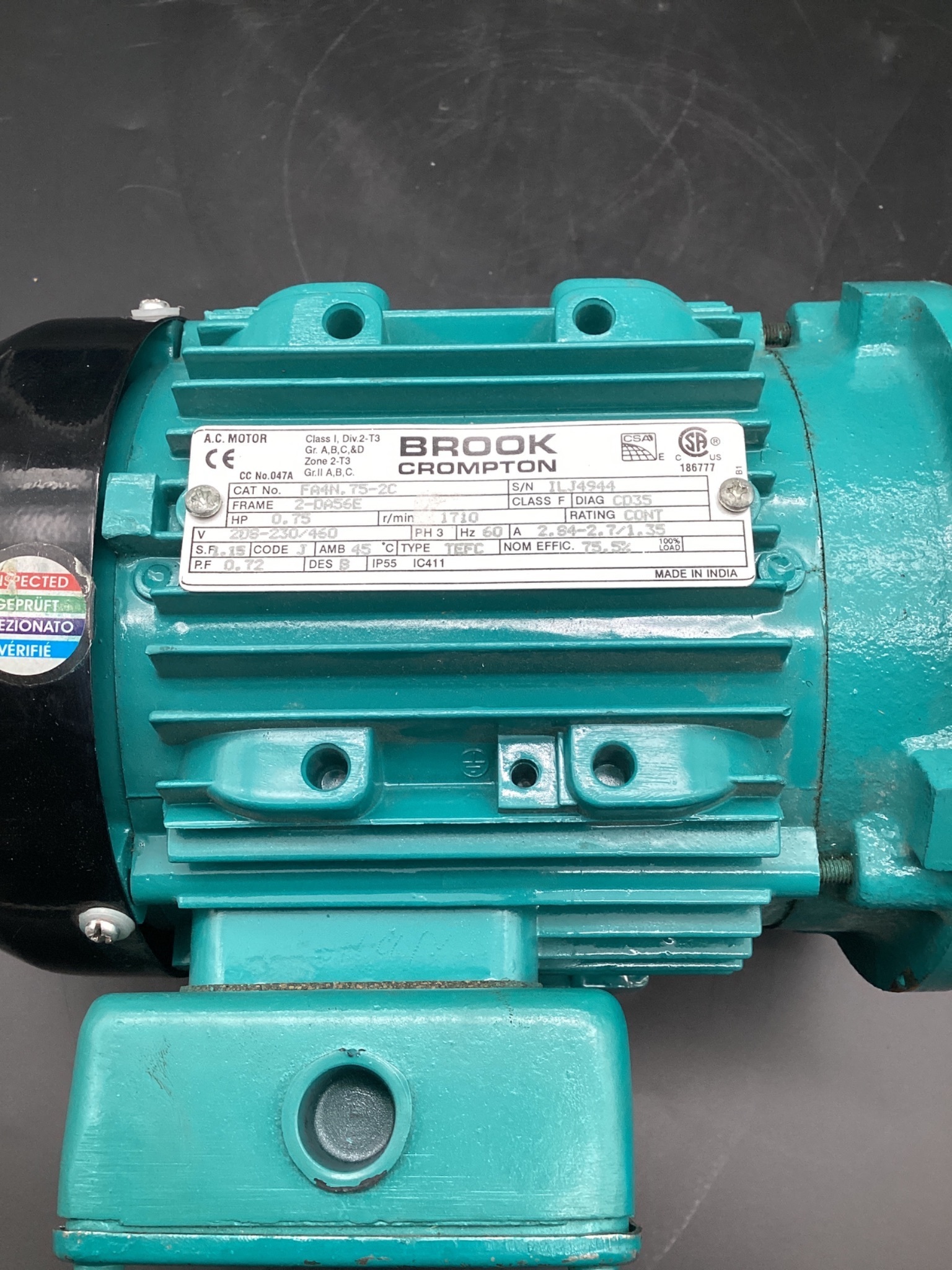 BROOK CROMPTON FA4N.75-2C TEFC 3/4 HP, 3PH, 1710 RPM NEW 2
