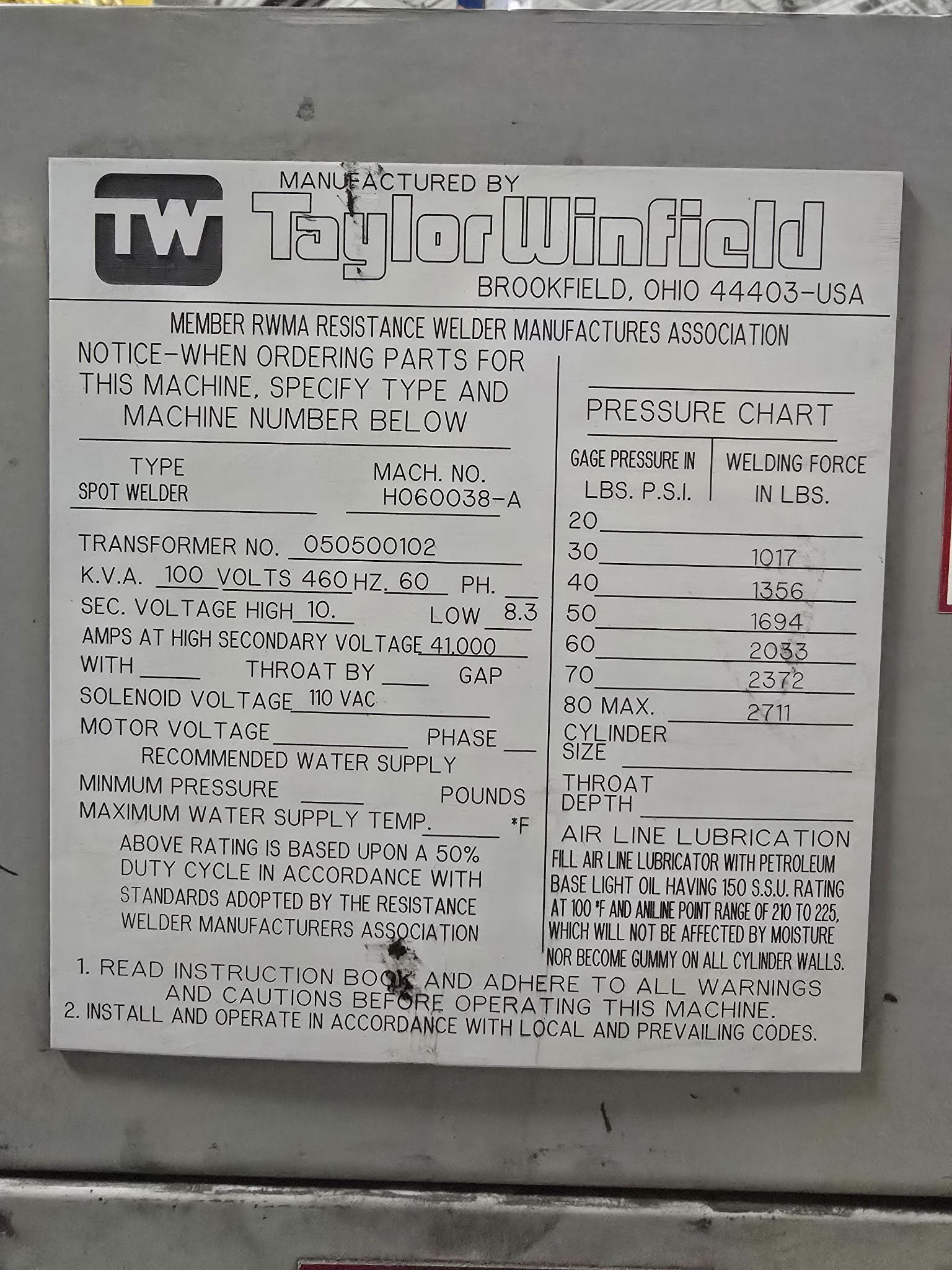 TAYLOR WINFIELD H060038-A SPOT WELDER 100 KVA 460 VOLT USED 9