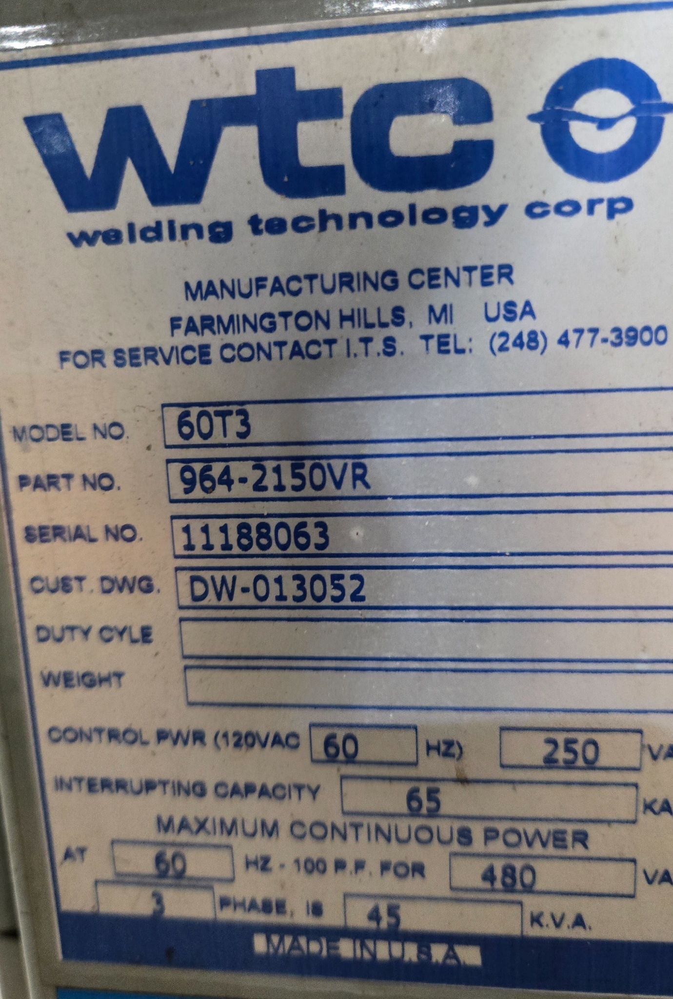 WTC 964-2150VR WELDING CONTROL UNIT USED/DAMAGED 5