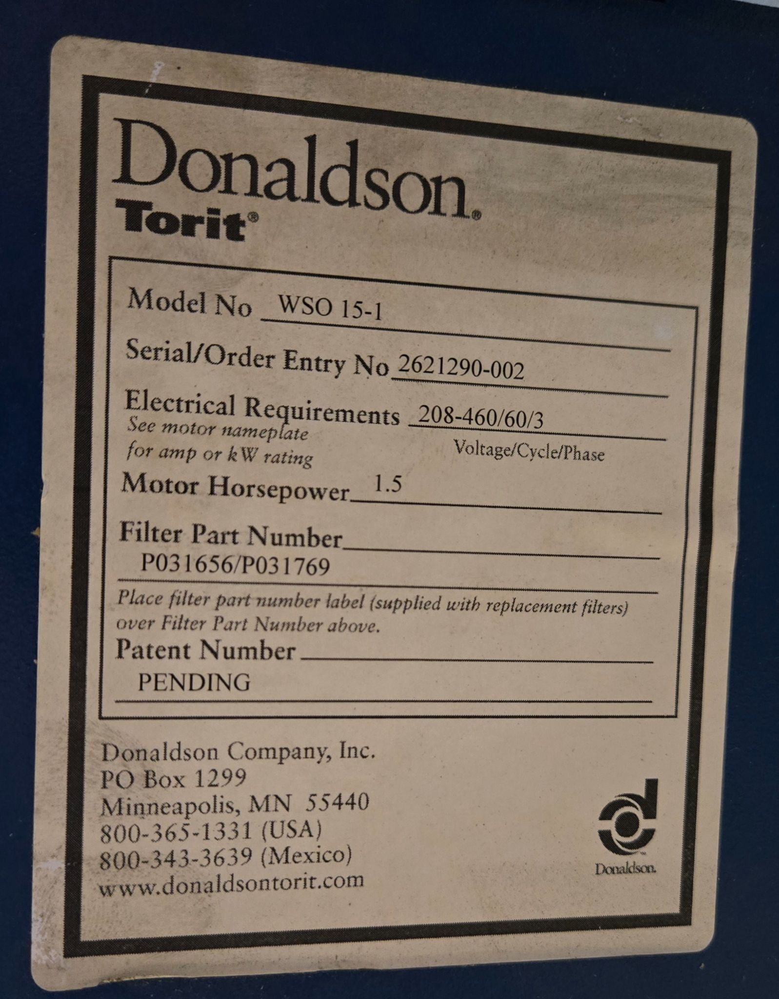 DONALDSON TORIT WSO-15-1 MIST COLLECTOR 1.5HP USED 9