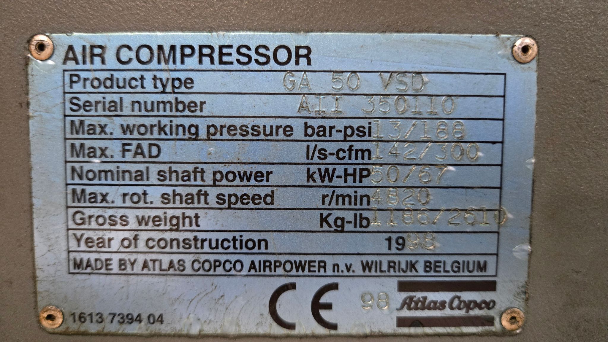ATLAS COPCO GA 50 VSD ROTARY SCREW AIR COMPRESSOR USED 10