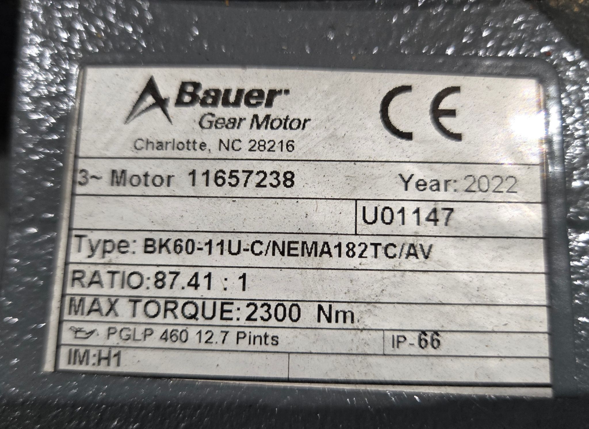 BAUER BK60-11U-C/NEMA182TC/AV BEVEL GEARED MOTOR USED 5