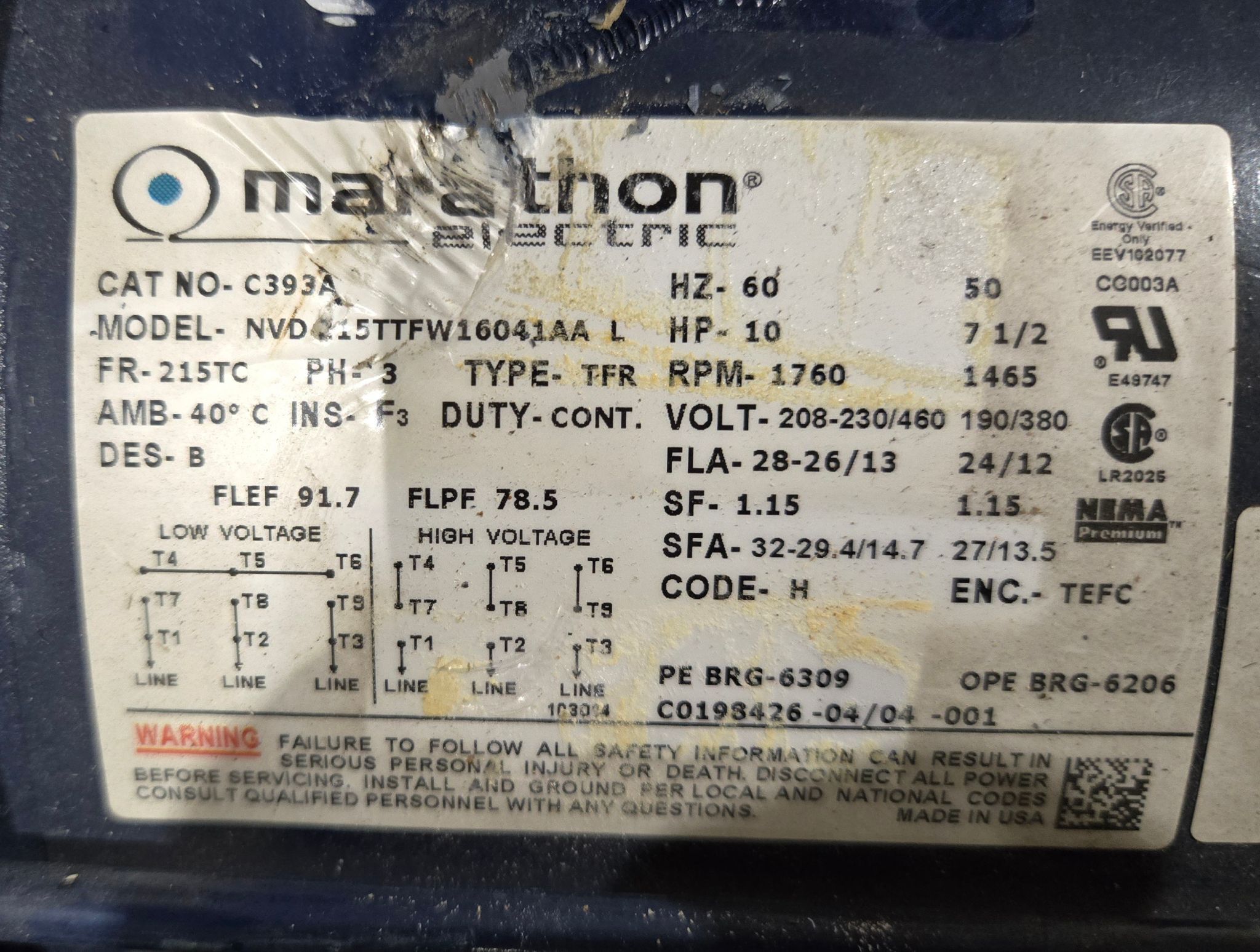 MARATHON ELECTRIC NVD215TTFW16041AA L 10HP AC MOTOR USED 3