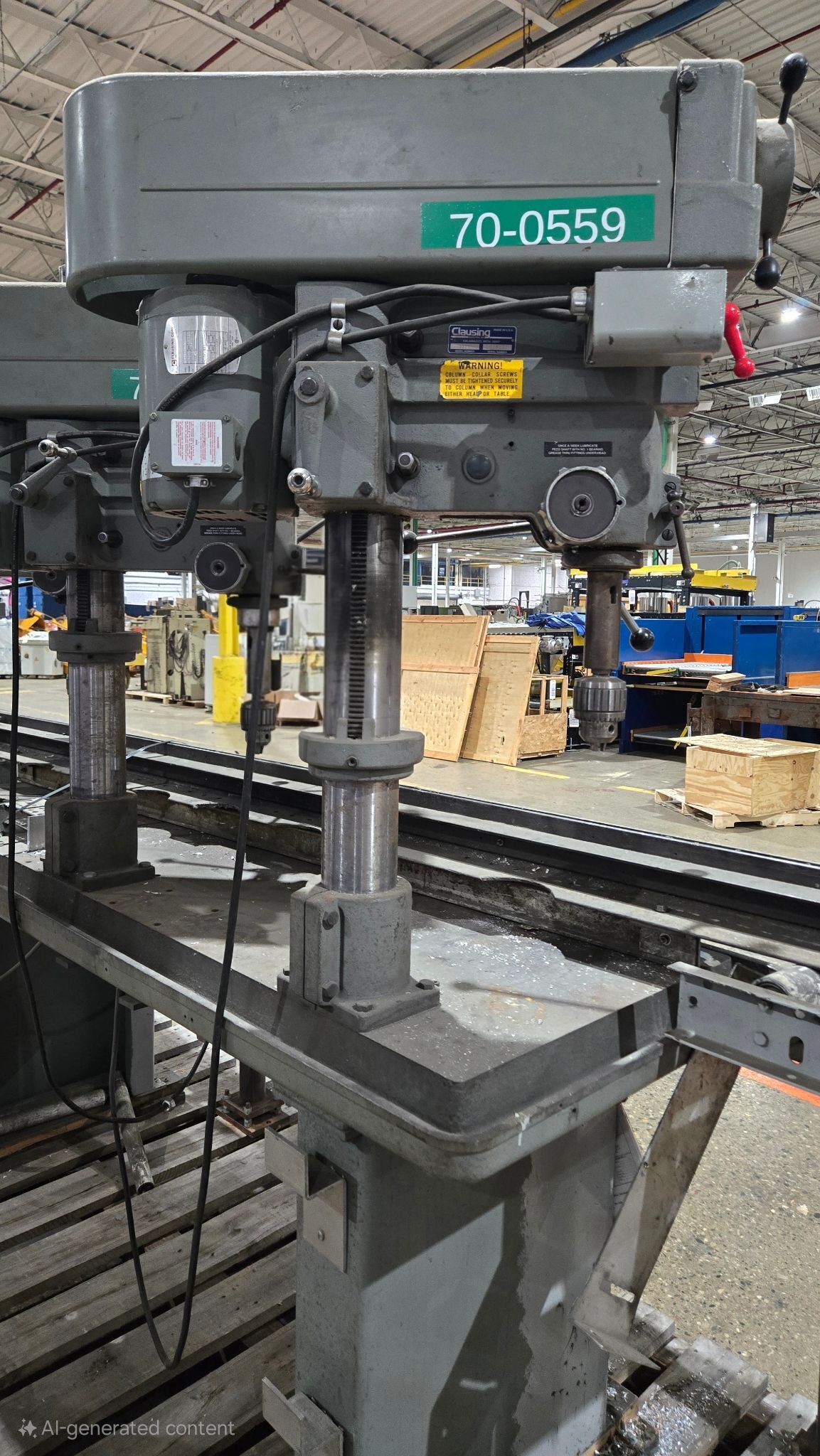 CLAUSING 2286 1.5 HP TRIPLE HEAD DRILL PRESS WITH CONVEYOR SYSTEM USED 2