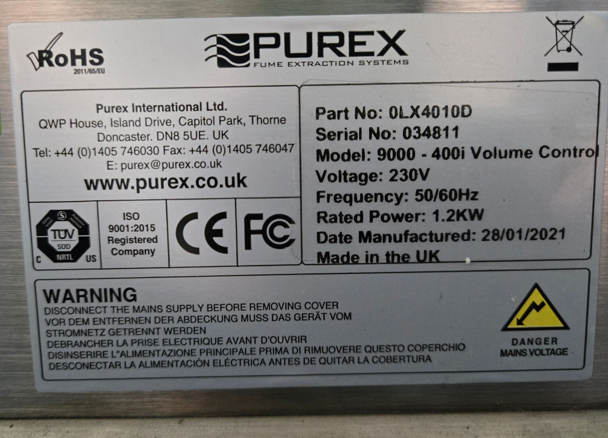 PUREX 0LX4010D FUME EXTRACTION UNIT 230V USED 5