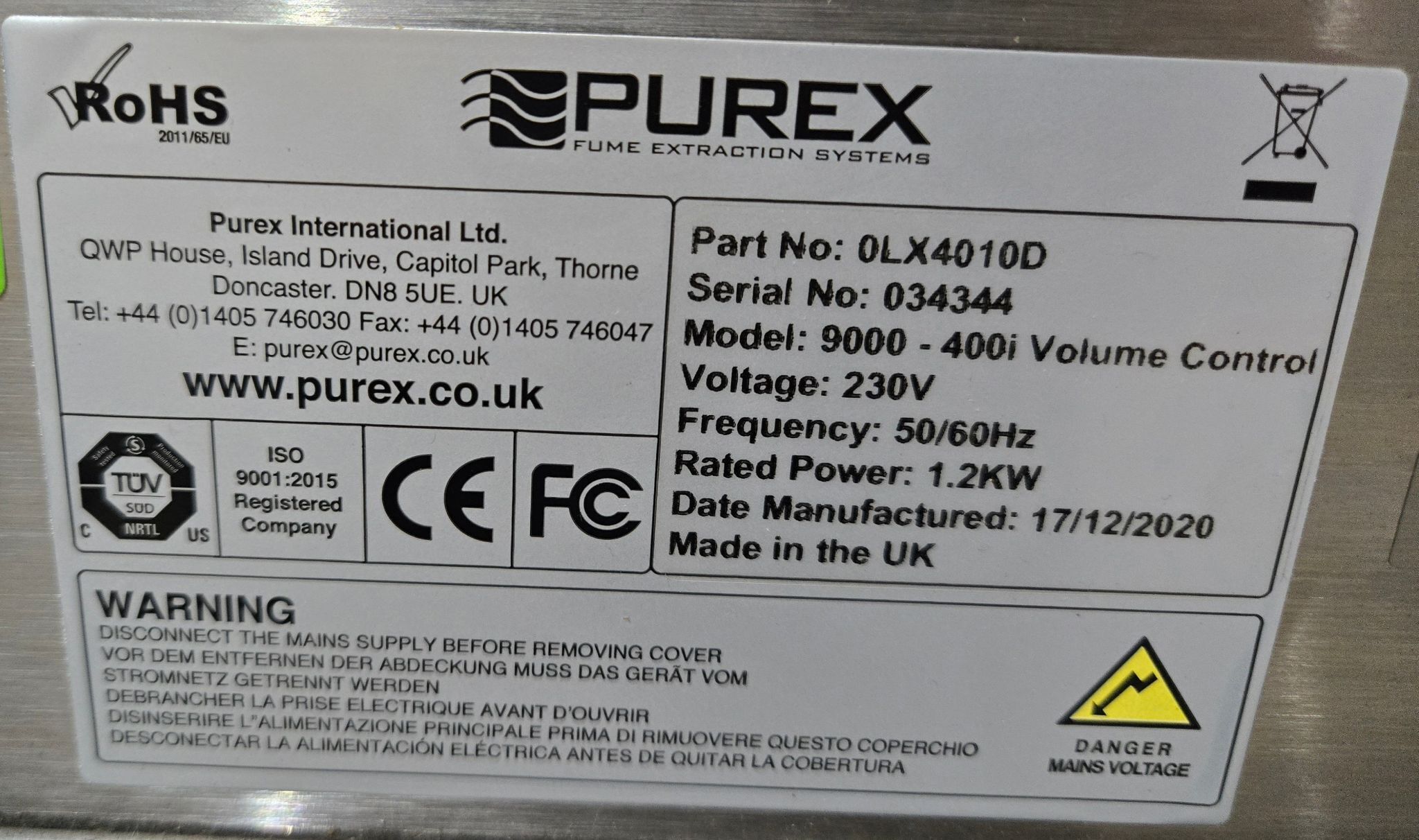 PUREX 0LX4010D FUME EXTRACTION UNIT 230V USED AS-IS 7