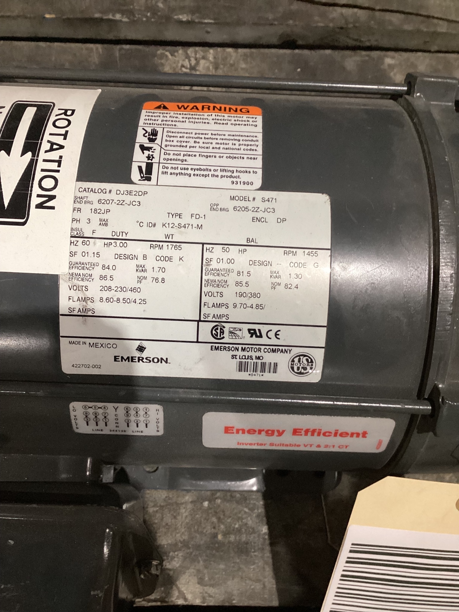 EMERSON DJ3E2DP 3HP 230/460V 182JP AC MOTOR USED 4