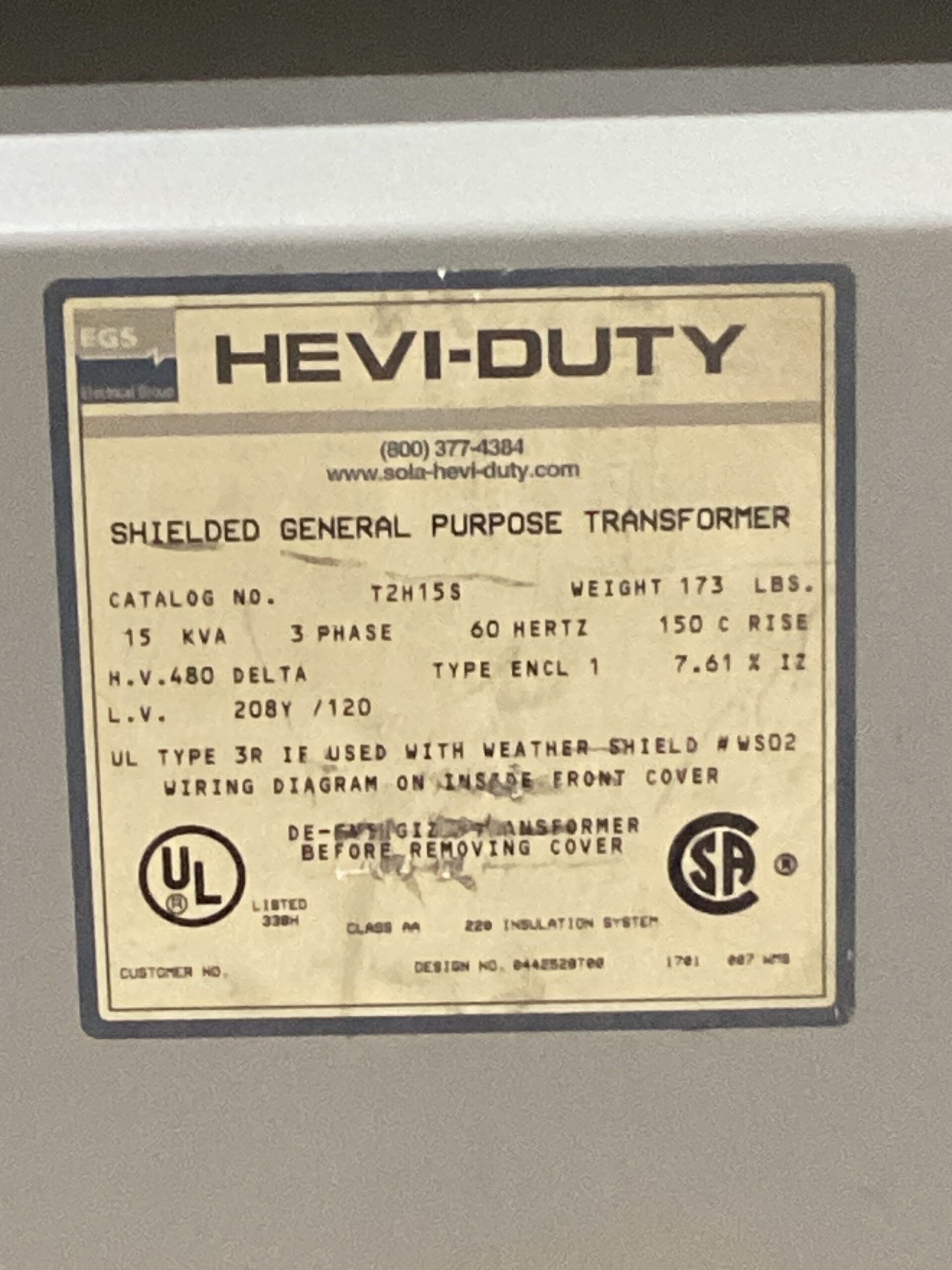 SOLAHD T2H15S Transformer 208Y/120 - 480V, 15kVa, 3PH USED 4