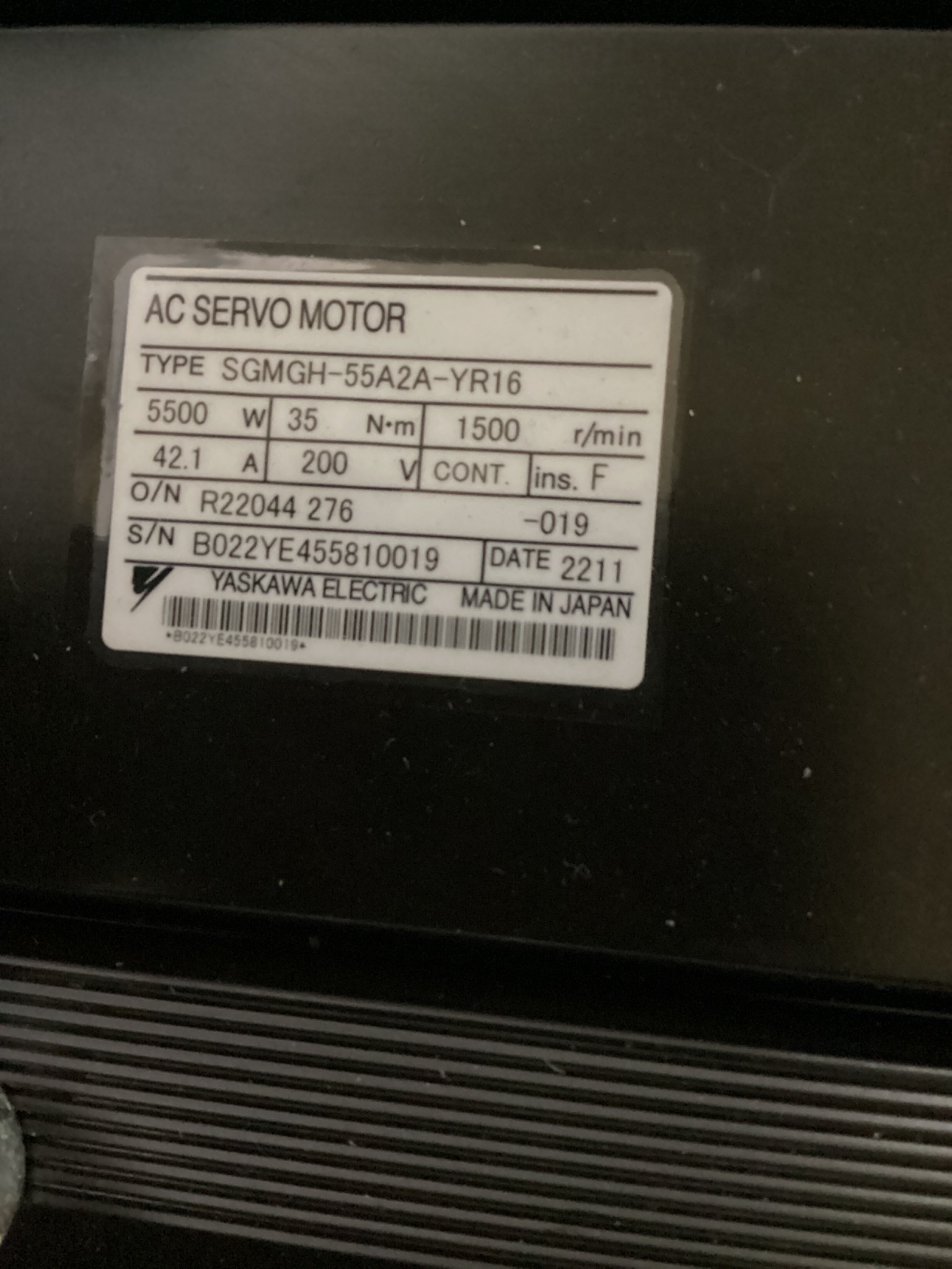 YASKAWA SGMGH-55A2A-YR16 5.5KW AC SERVO MOTOR 200V USED 5