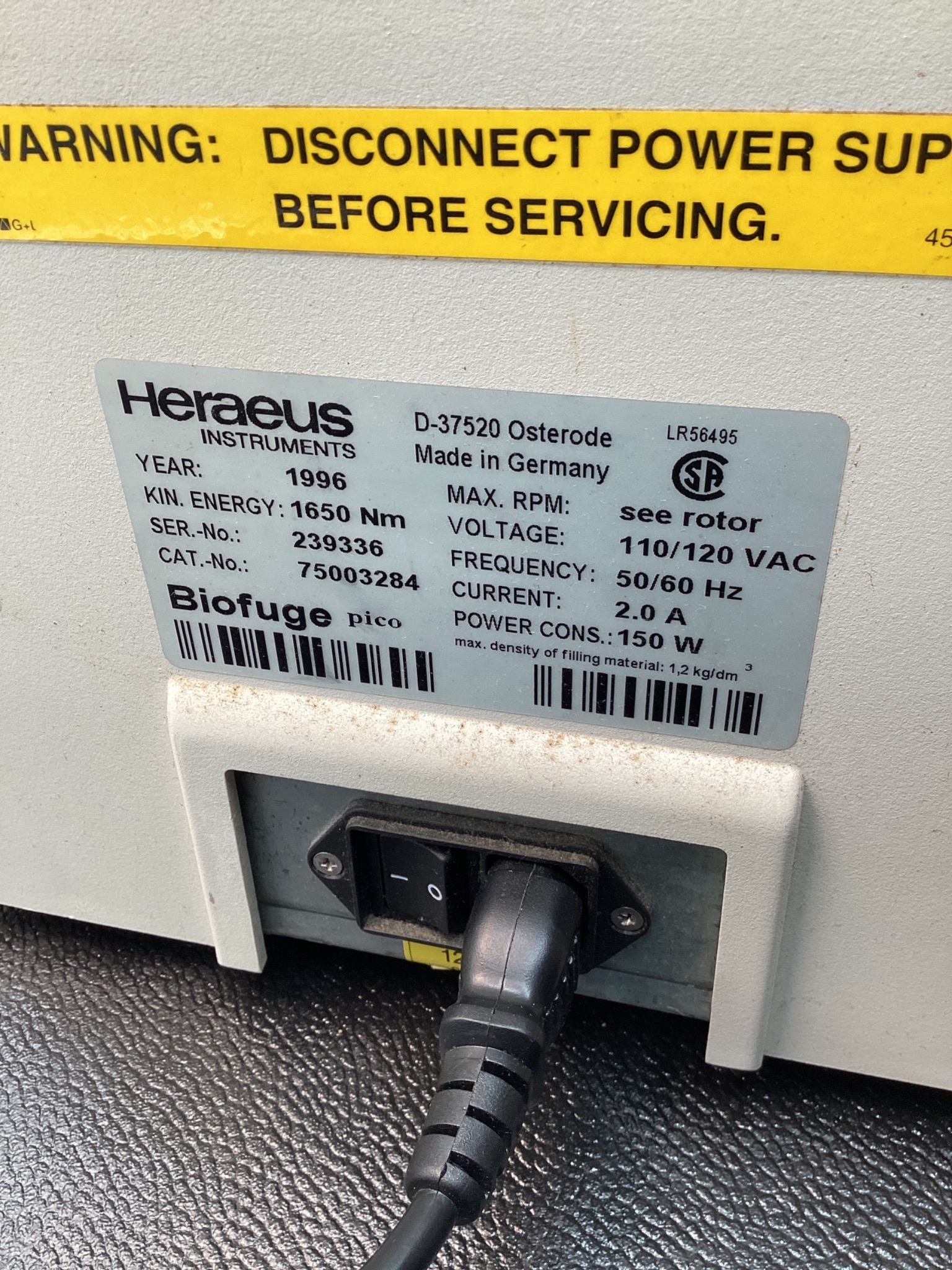 HERAEUS 75003284 BIOFUGE PICO CENTRIFUGE USED 6