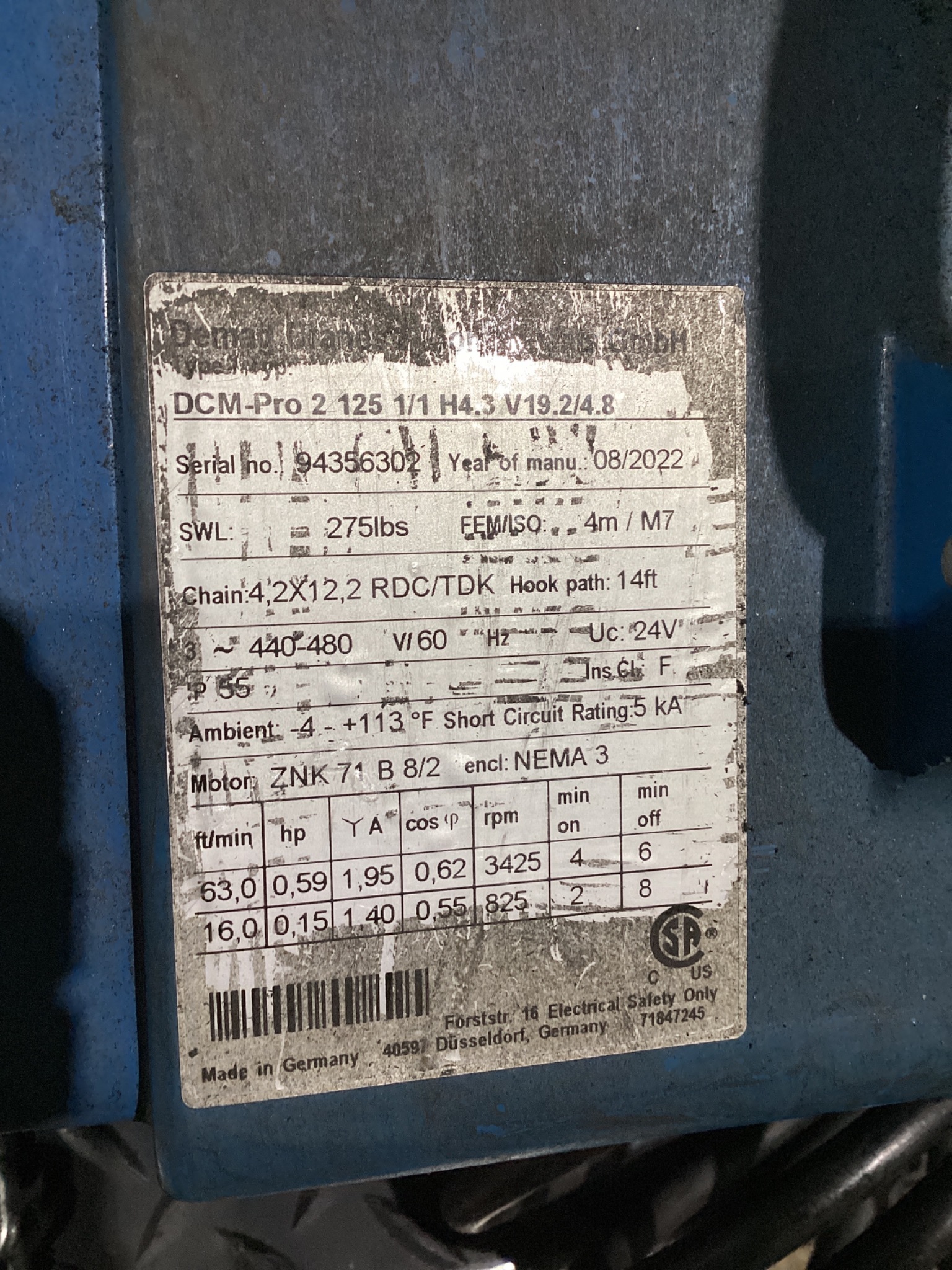 DEMAG DCM-PRO 2-125 ELECTRIC CHAIN HOIST 125KG 4.3M 19.2/4.8FT/MIN USED 4
