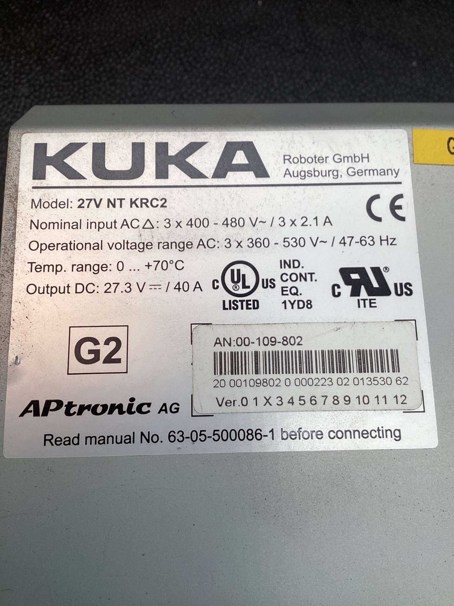 KUKA 27V NT KRC2 POWER SUPPLY 27.3VDC USED 6