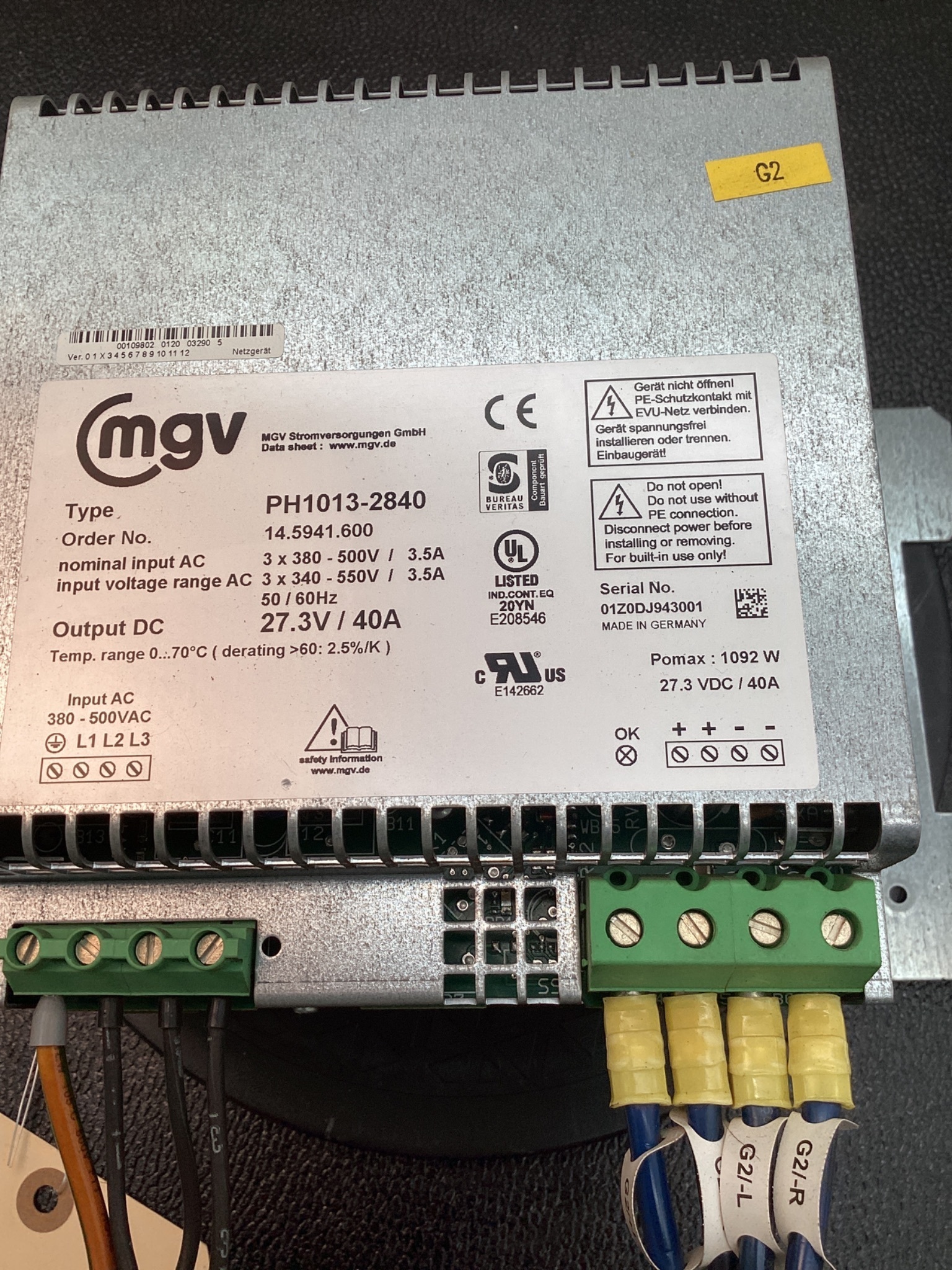 MGV PH1013-2840 POWER SUPPLY 27.3VDC USED 5