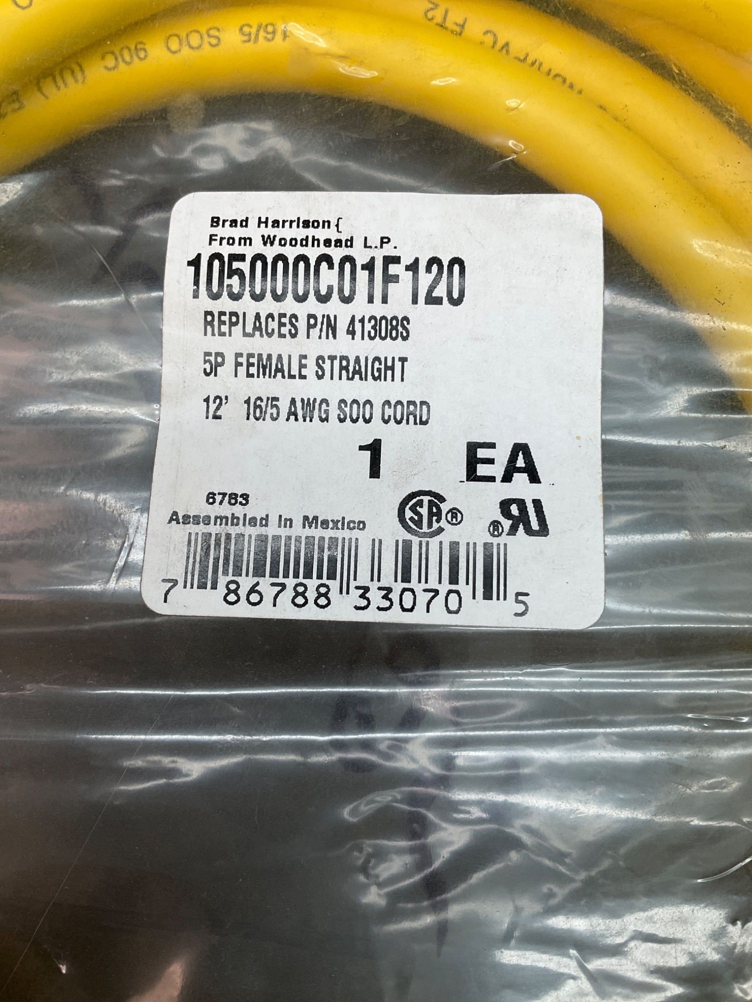 WOODHEAD 105000C01F120 MINI-CHANGE 5-PIN FEMALE CORDSET 12FT NEW 3
