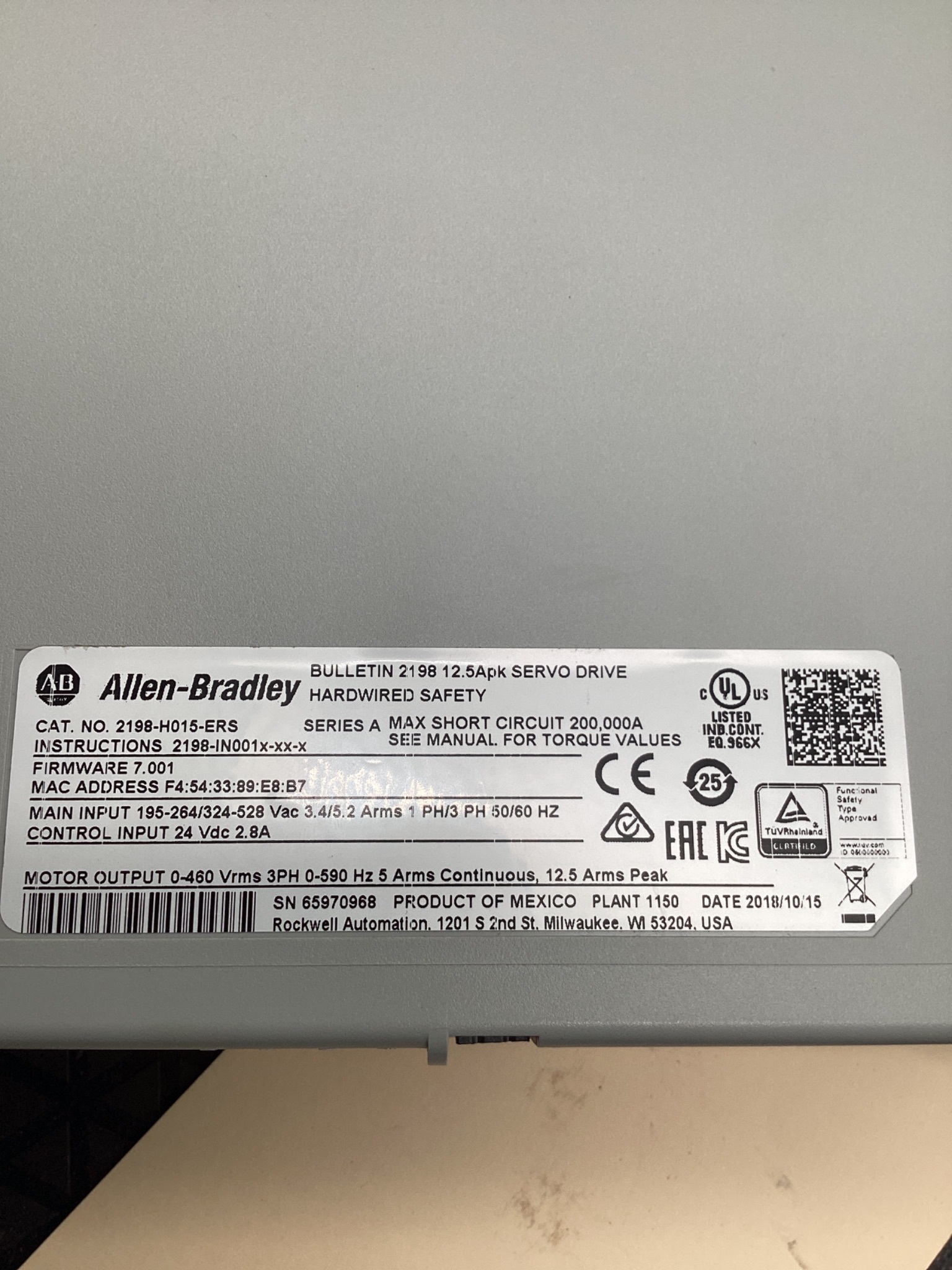 ALLEN BRADLEY 2198-H015-ERS KINETIX 5500 SERVO DRIVE 12.5A USED 6
