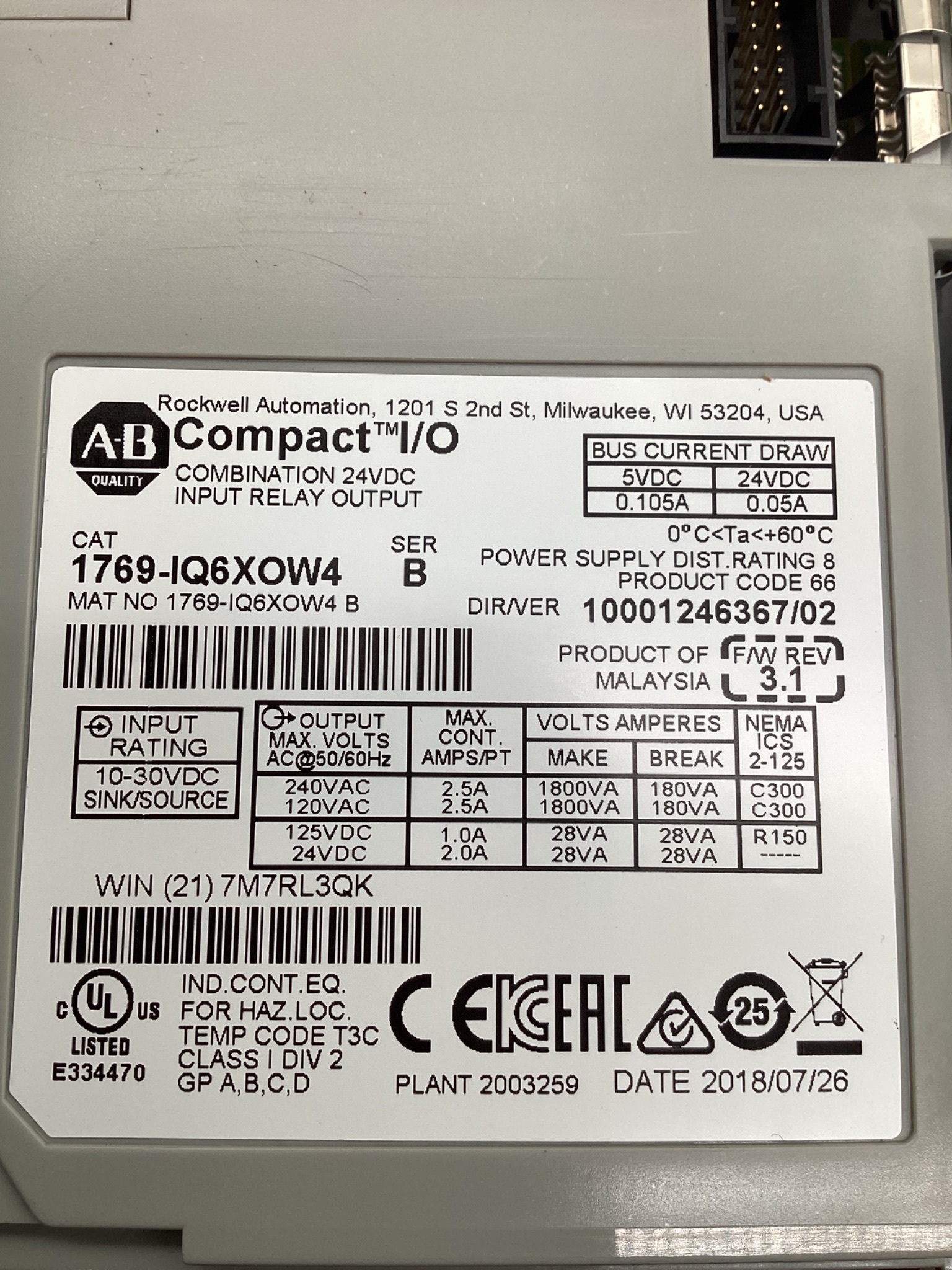 ALLEN BRADLEY 1769-IQ6XOW4 /B COMPACT I/O COMBO MODULE 24VDC RELAY USED 5