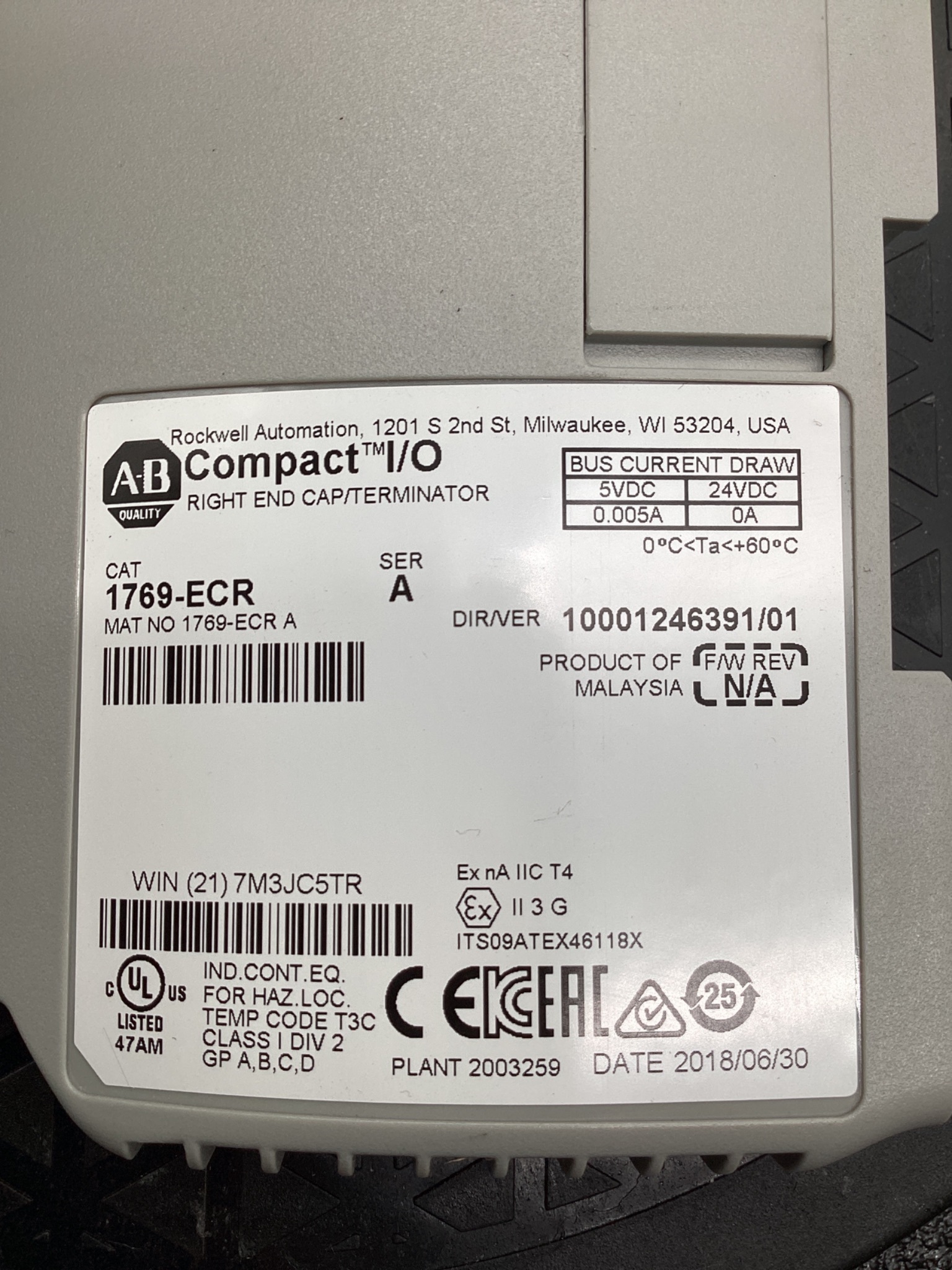 ALLEN BRADLEY 1769-ECR COMPACT I/O END CAP TERMINATOR MODULE USED 4