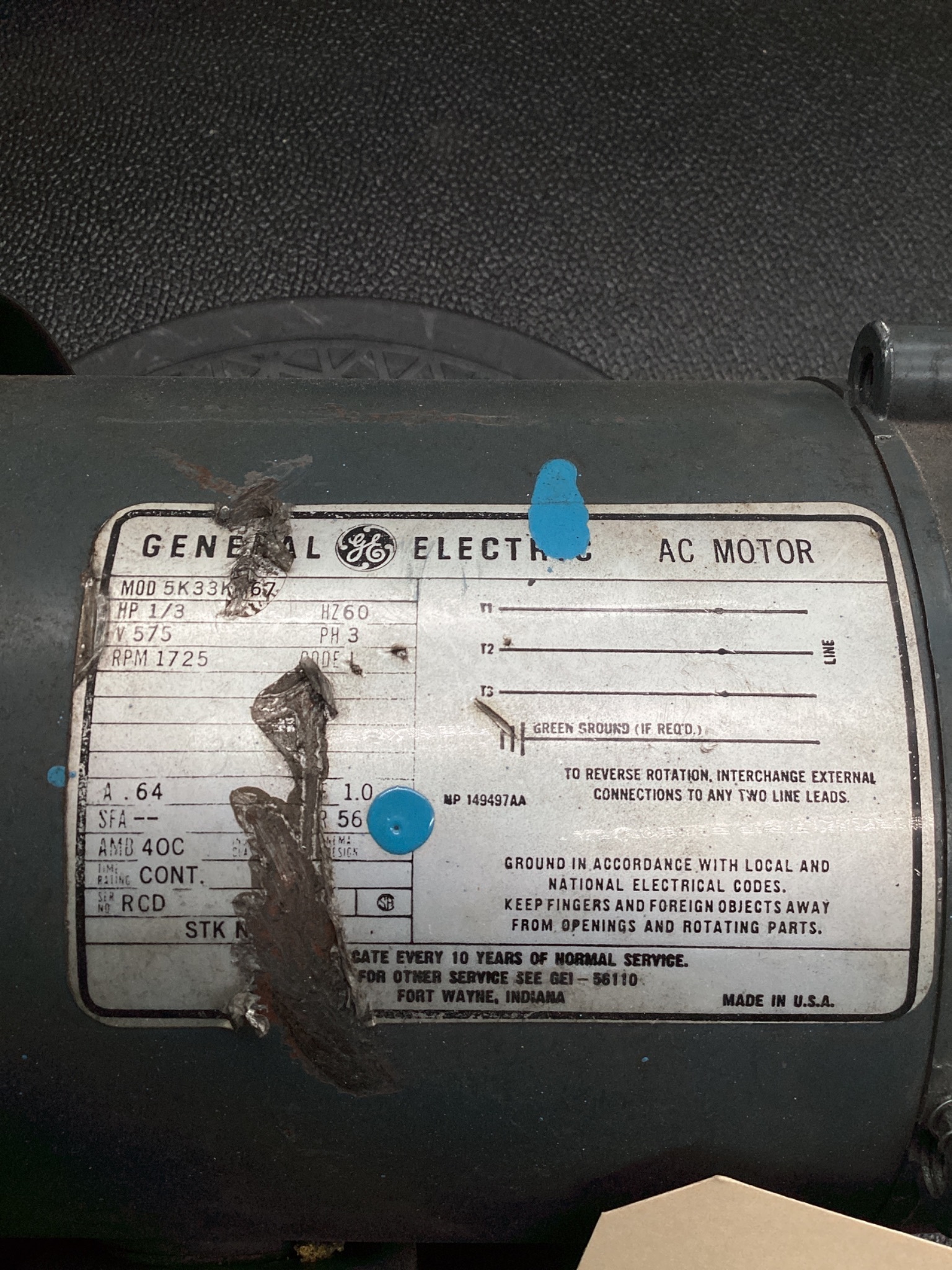GENERAL ELECTRIC 5K33KN67 1/3HP 575V 3PH AC MOTOR 56C TEFC USED 5